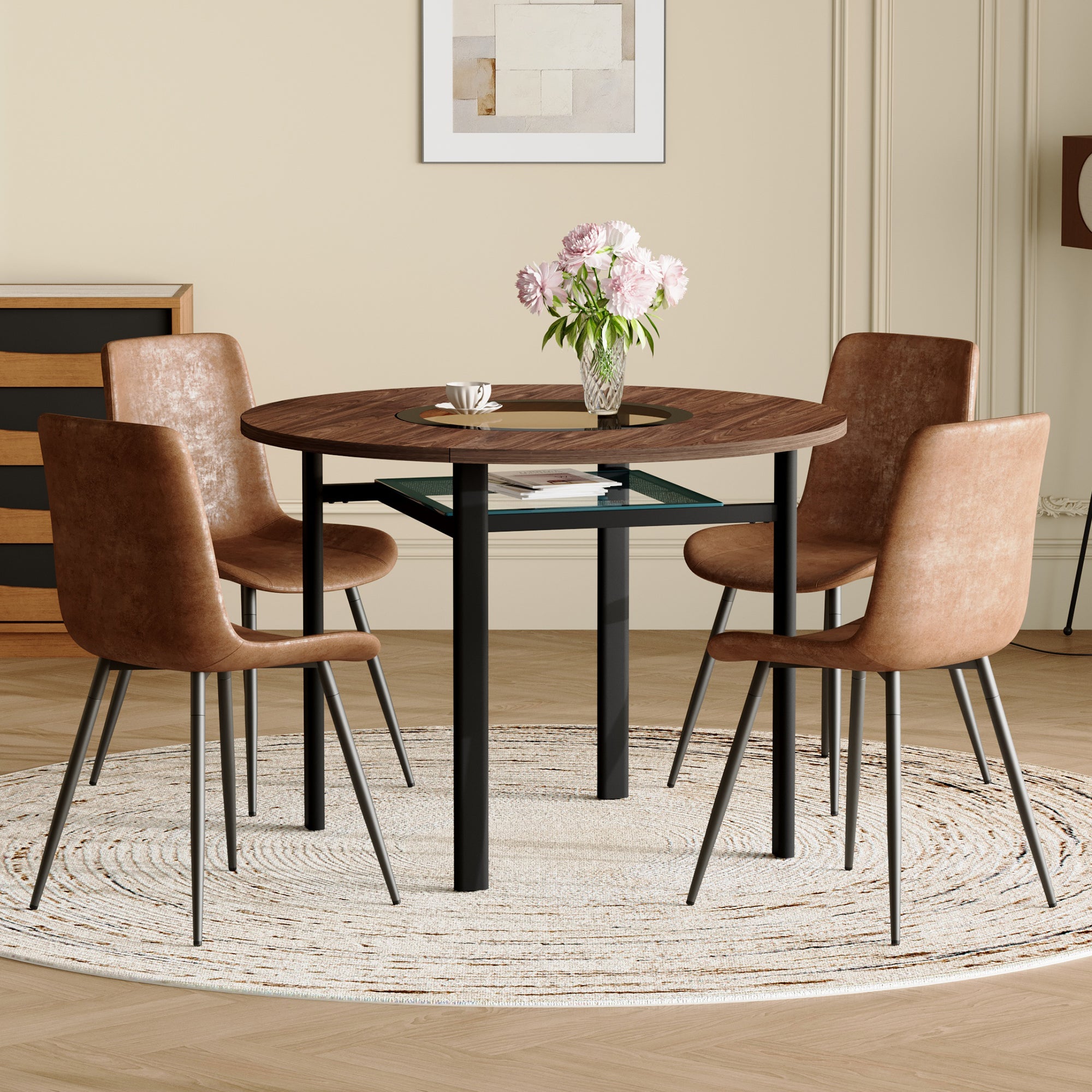Modern Minimalist Round Table Set, 100cm Diameter, 4 Armchairs, Brown Wood/High-Tech Fabric