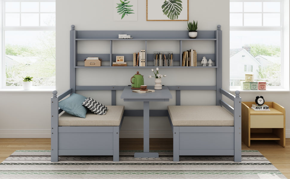 Sofa Bed, Multifunctional 2-in-1 Bed & Desk with Bookshelf, Solid Wood Gray