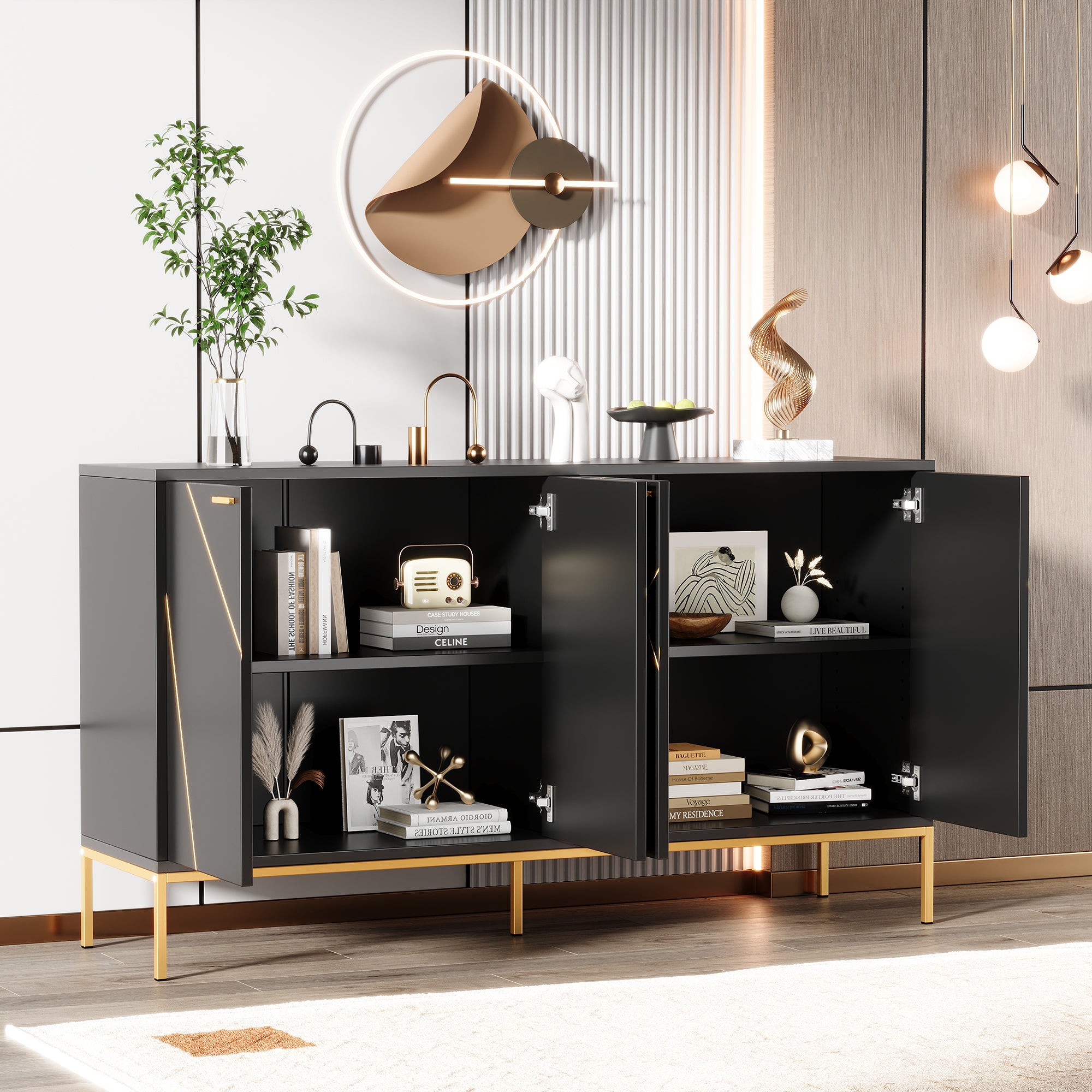 Sideboard four doors metal feet TV cabinet wardrobe linear design black and gold