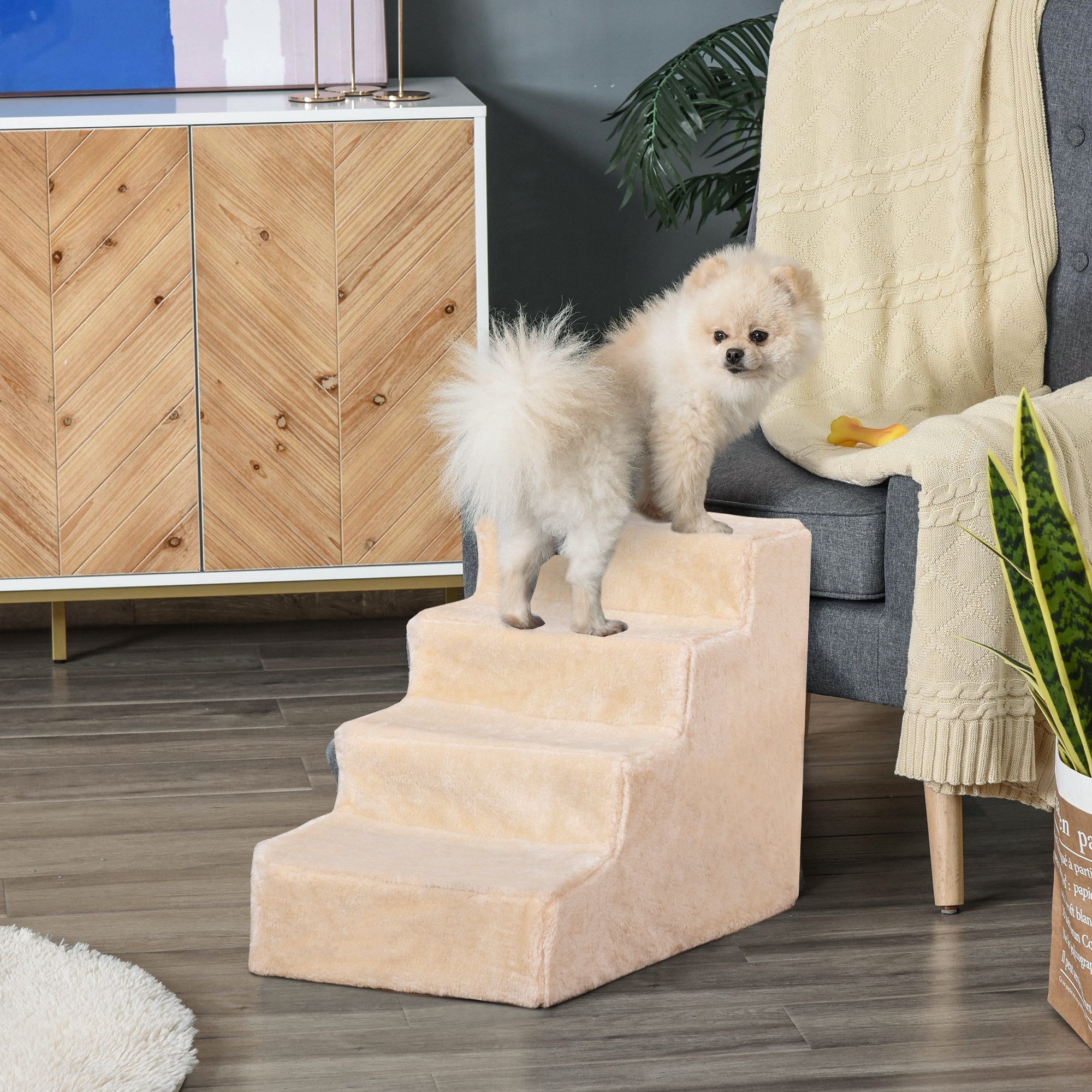 Pet Stairs 4-Step Ramp, Removable Cover, Chipboard Plush Beige