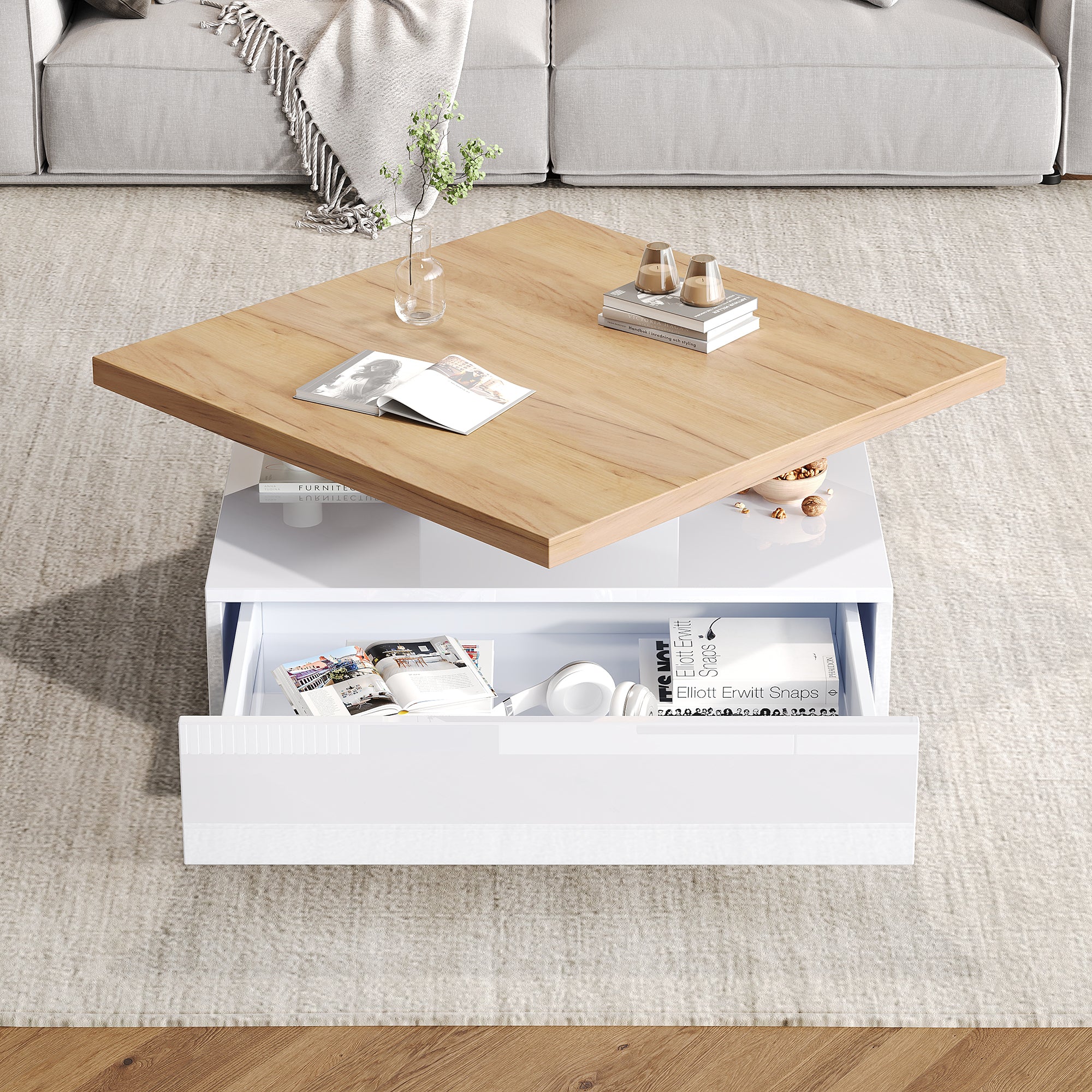 Multifunctional Swivel Coffee Table with Storage, White and Walnut