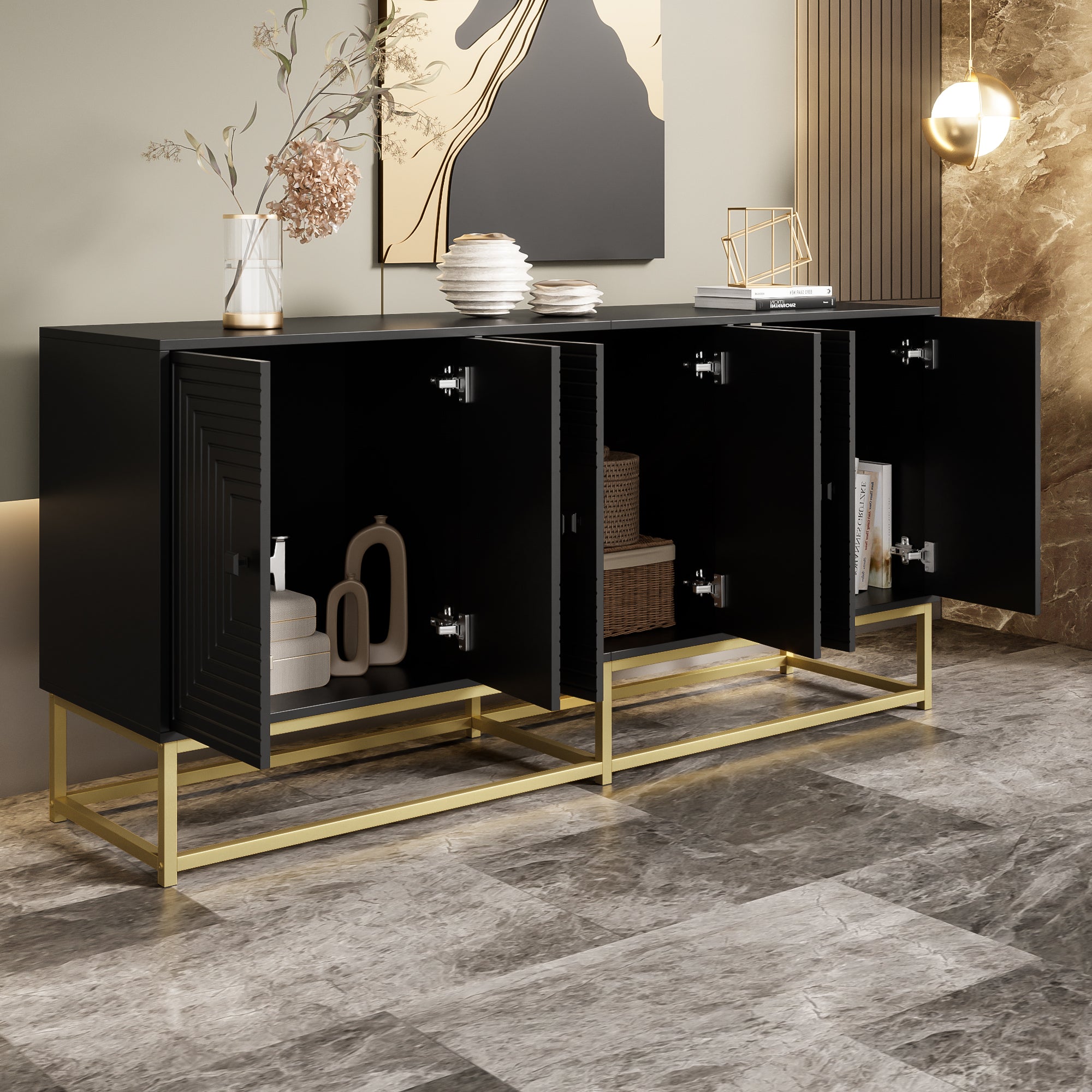 Storage Cabinet Sideboard with 3 Double Doors, Large Storage, Matte Black