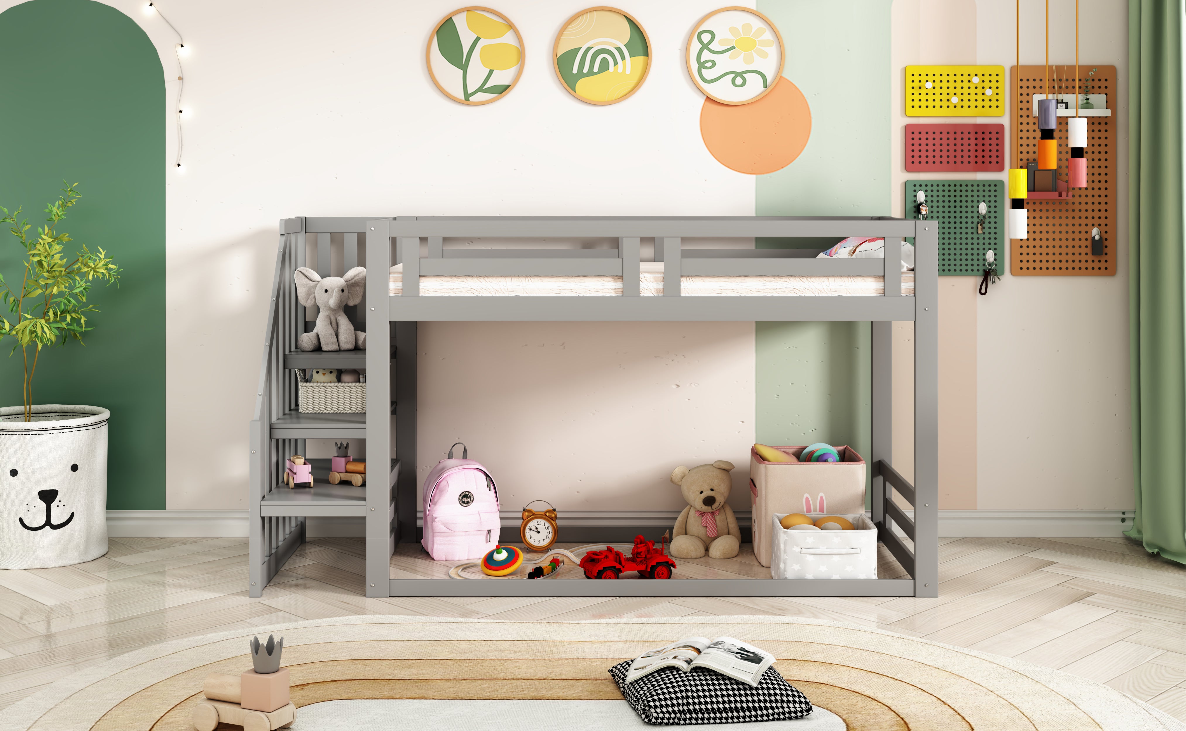 Children's Bed, Low Bunk with Safety Stairs, Solid Wood Gray