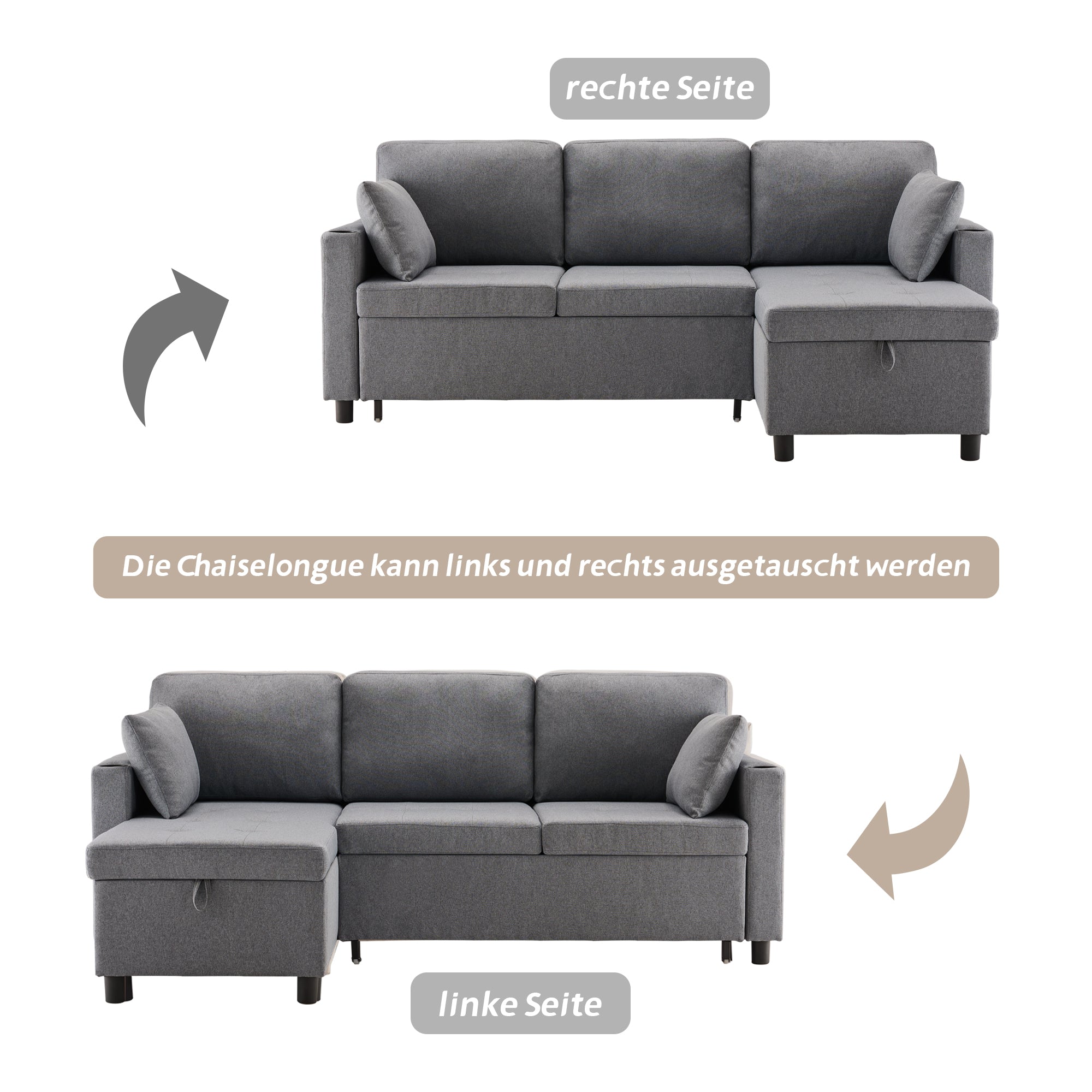 Sofa Bed L-Shaped Corner Sofa 3 Seater Pull Out with Storage, Grey