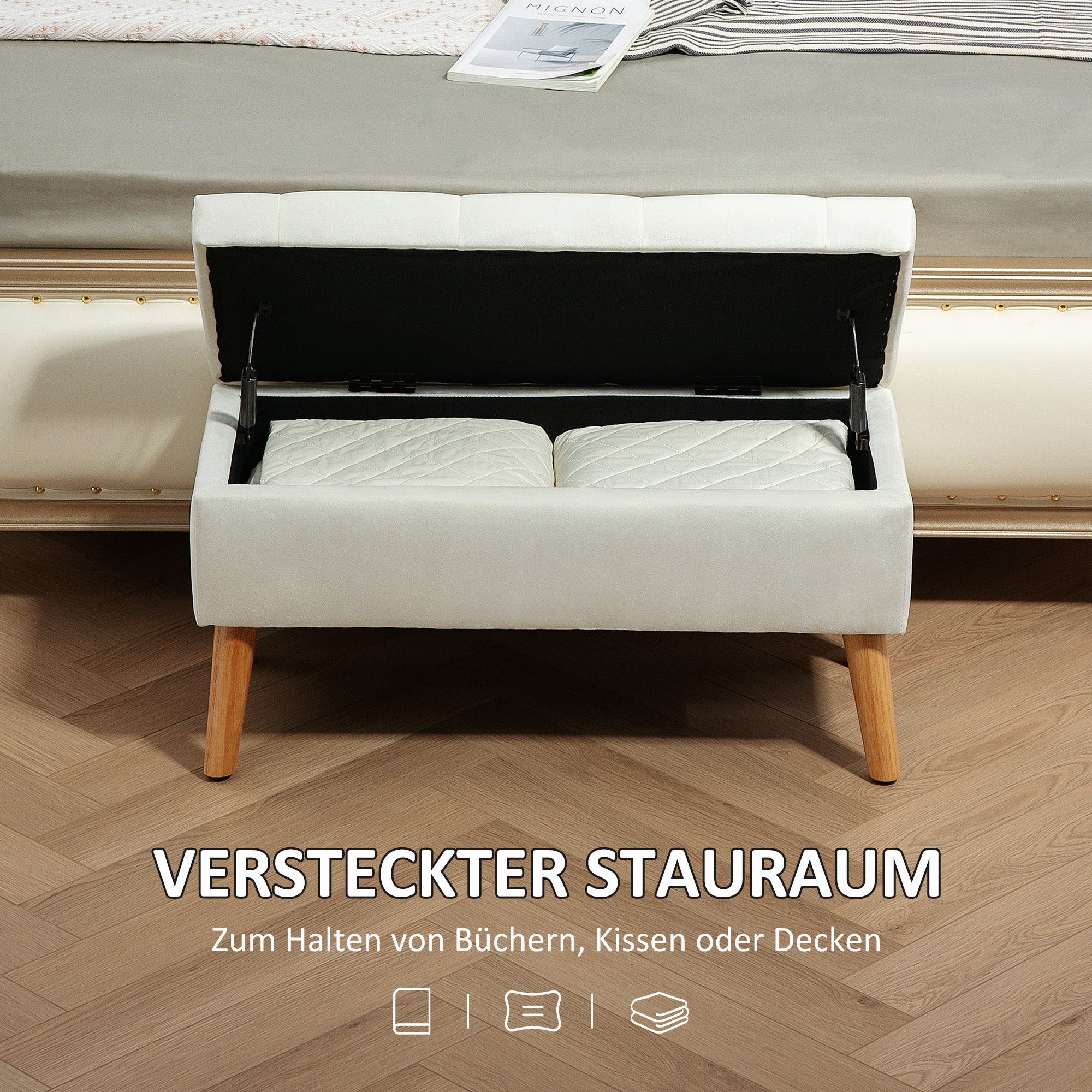 Bench with Storage, Upholstered Lid, Rubberwood White