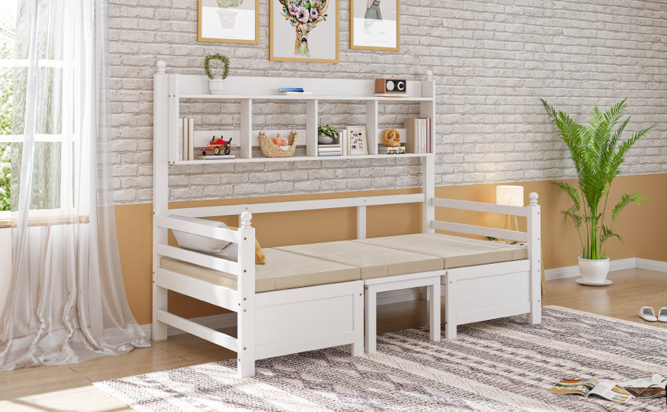 Sofa Bed, Multifunctional 2-in-1 Bed & Desk with Bookshelf & Pillows, Solid Wood White