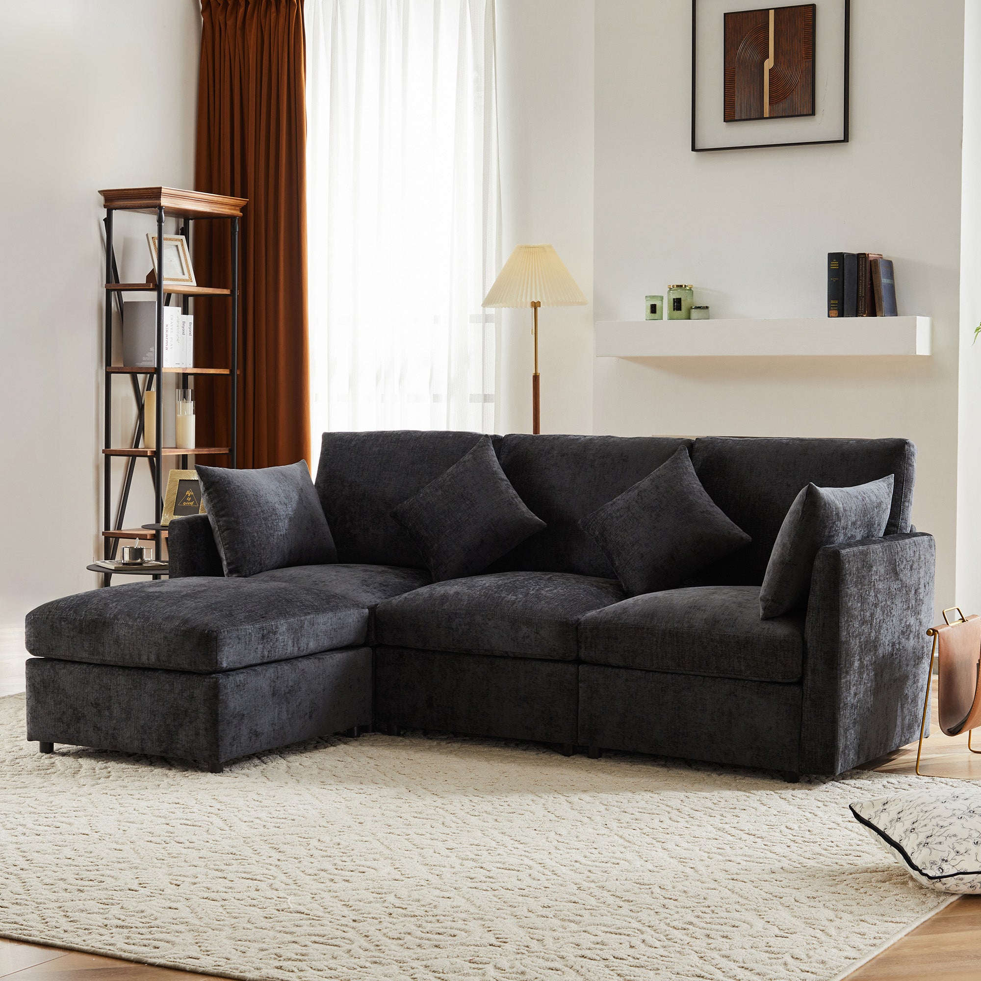 Sofa, Three-Seater, Four-Seater, L-Shaped Corner with Footstool, Chenille Fabric