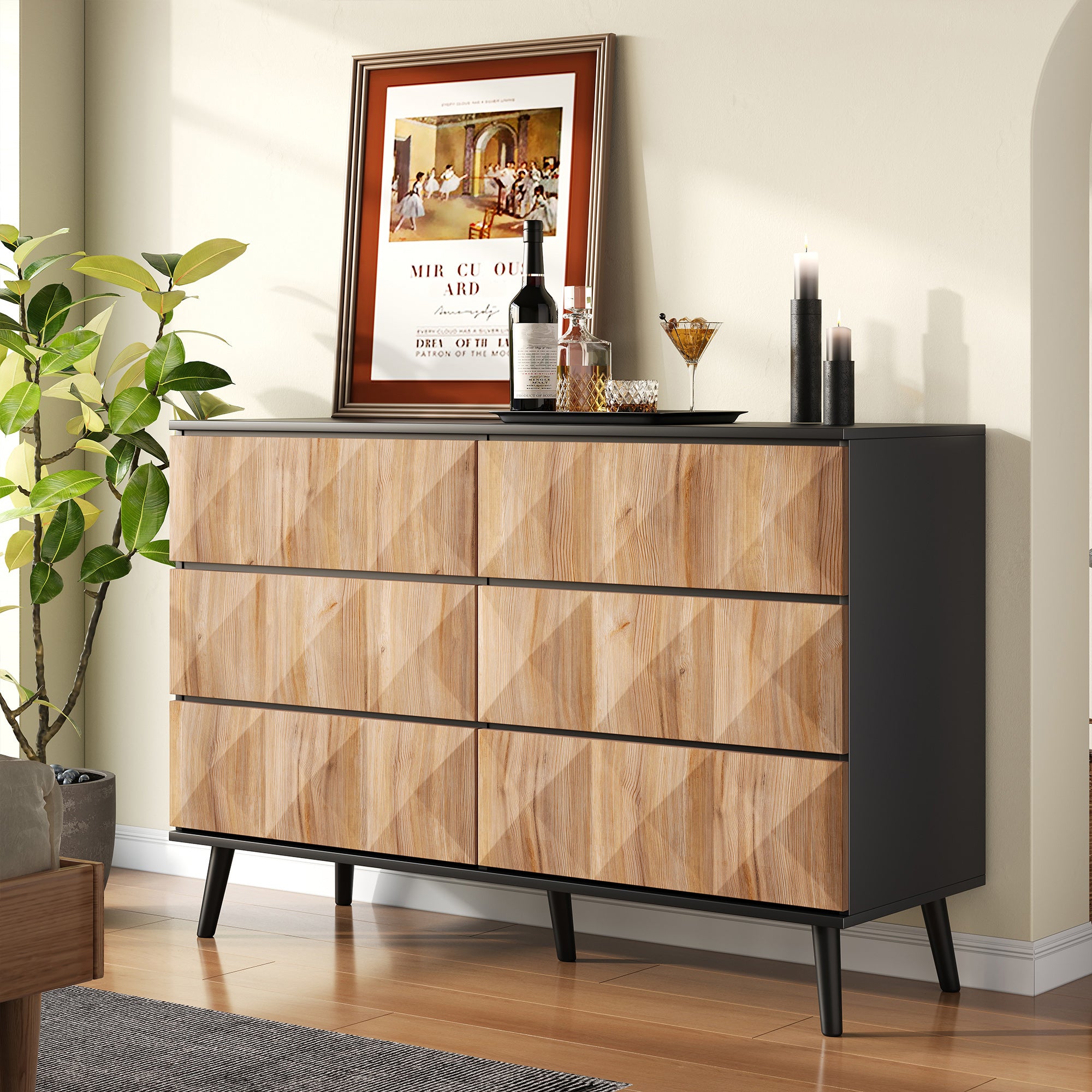 Sideboard and Chest of Drawers, Raised Doors, Black and Natural Wood