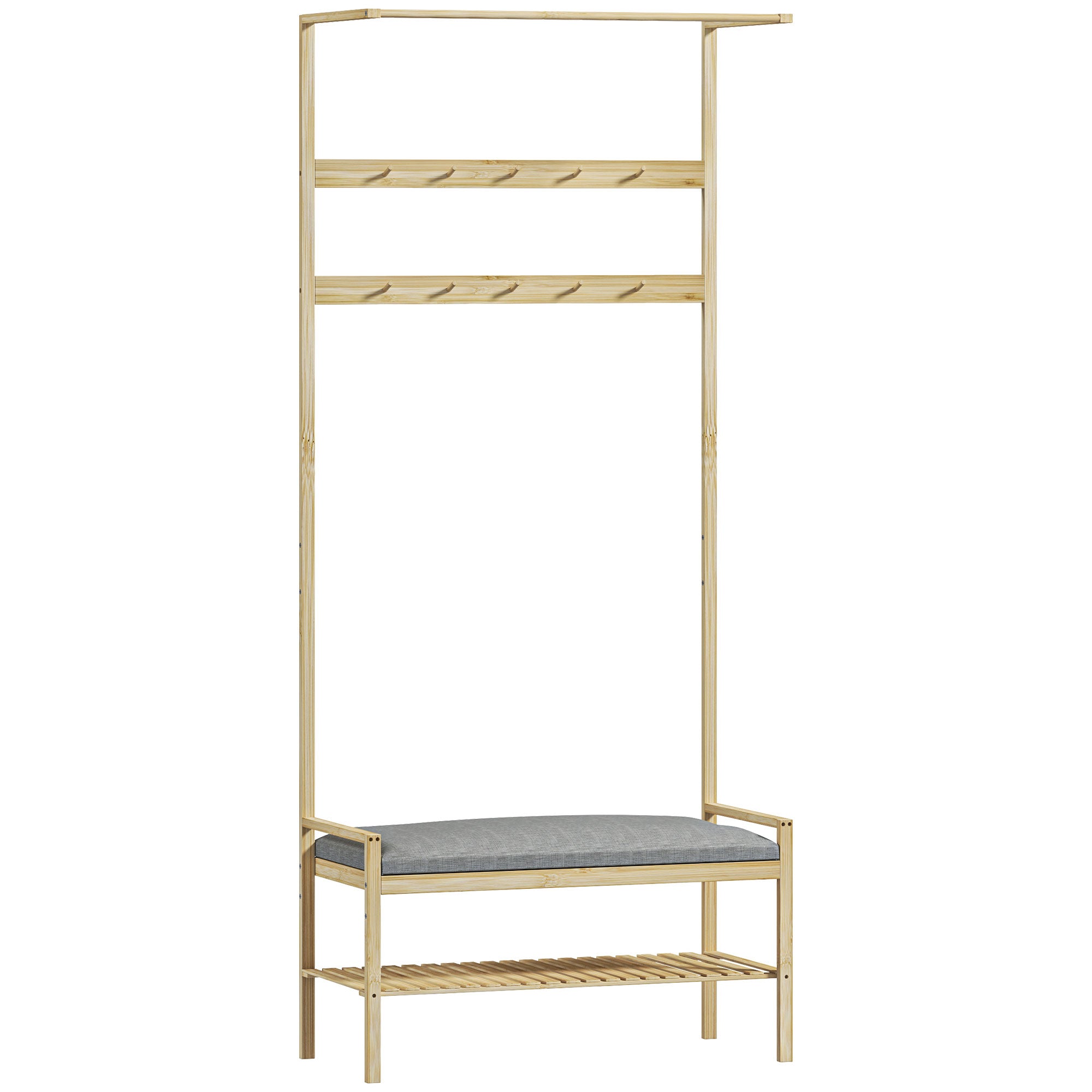 Coat Rack with Shoe Bench, Hooks, Shoe Rack, Seat Cushion, Bamboo, Natural