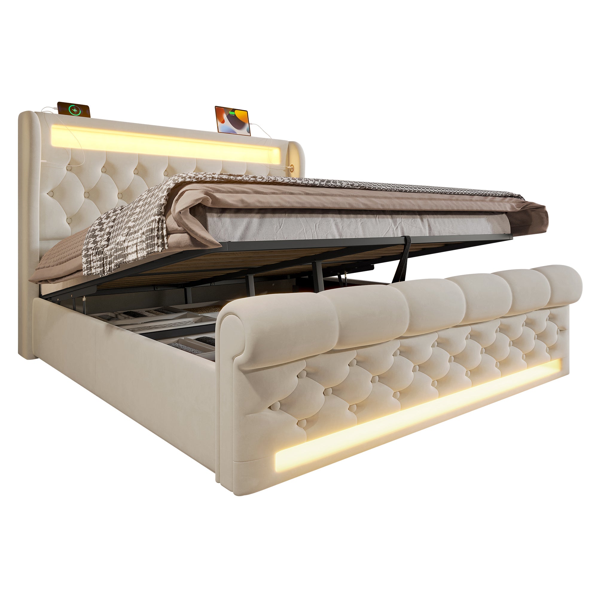 Upholstered Double Bed 140x200cm, LED Lights, Storage Headboard with USB & Type-C, Hydraulic Storage, Beige Velvet