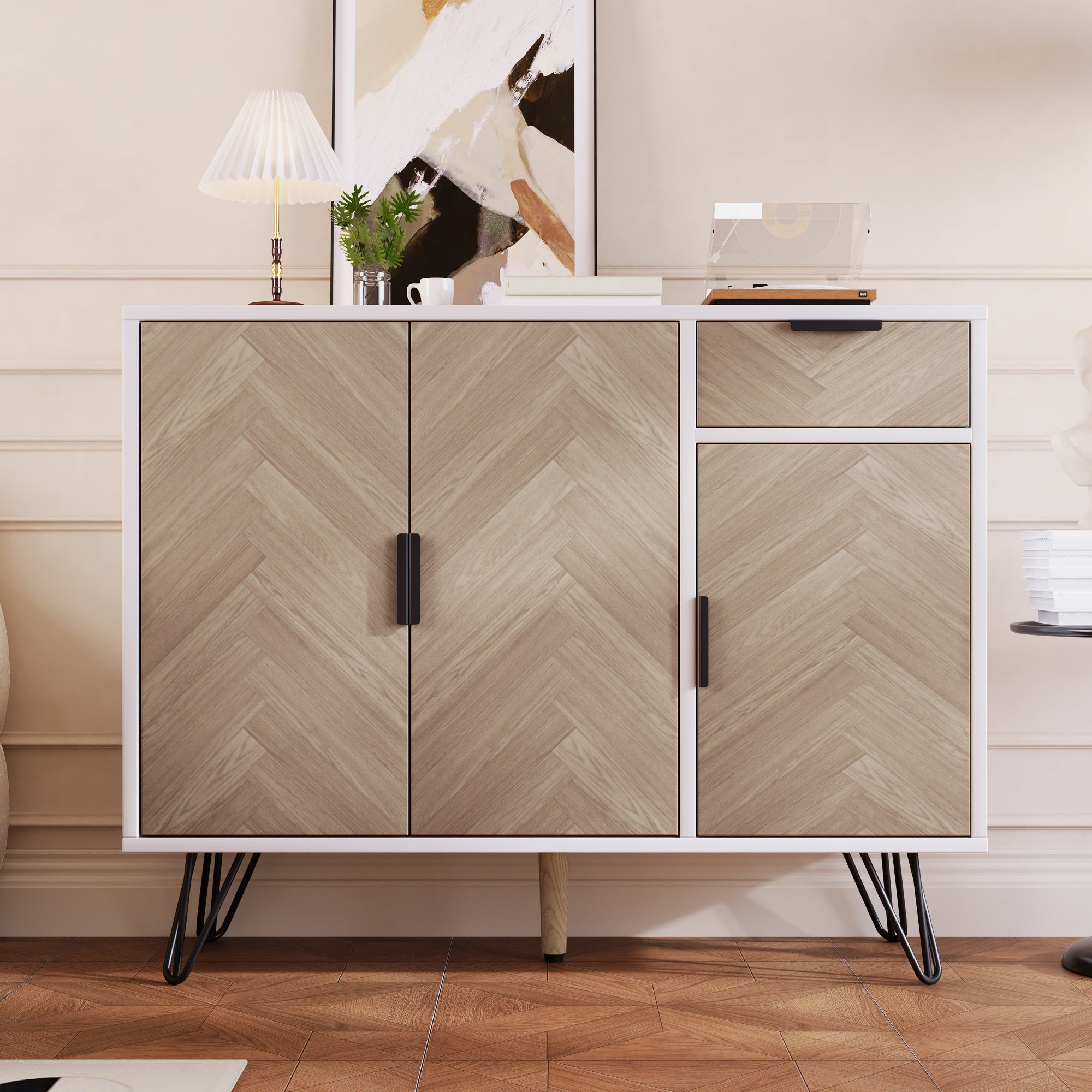 Modern storage cabinet, sideboard with drawer and adjustable shelves, white and wood look