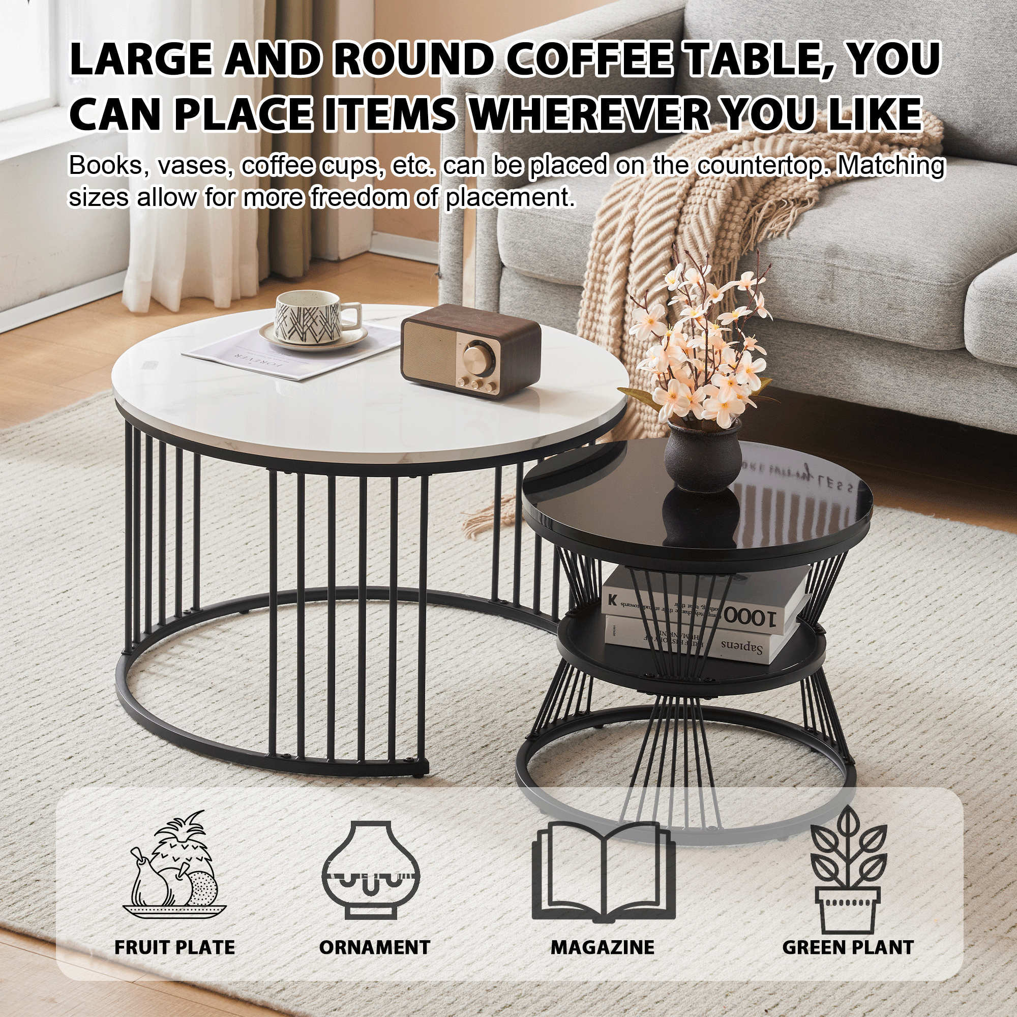 Modern Nesting Coffee Table Set, Round End Tables, Set of 2, Marble Veneer Black Frame
