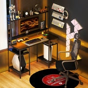 Computer Desk with Power Outlets, LED Lights, Monitor Stand, Storage, Black