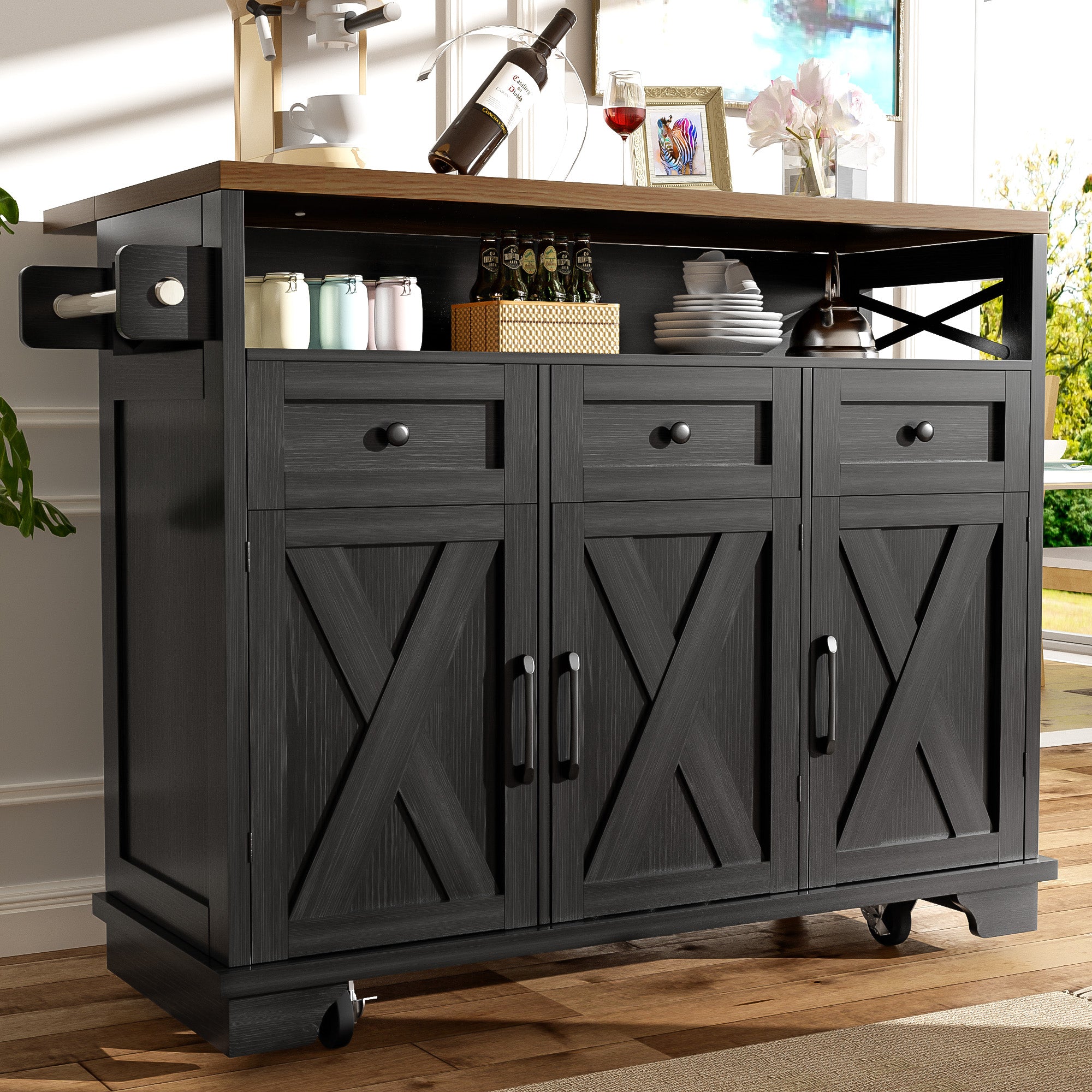 Kitchen Island Mobile Storage Cart with Dividers & Towel Rail - Wood Grain Black