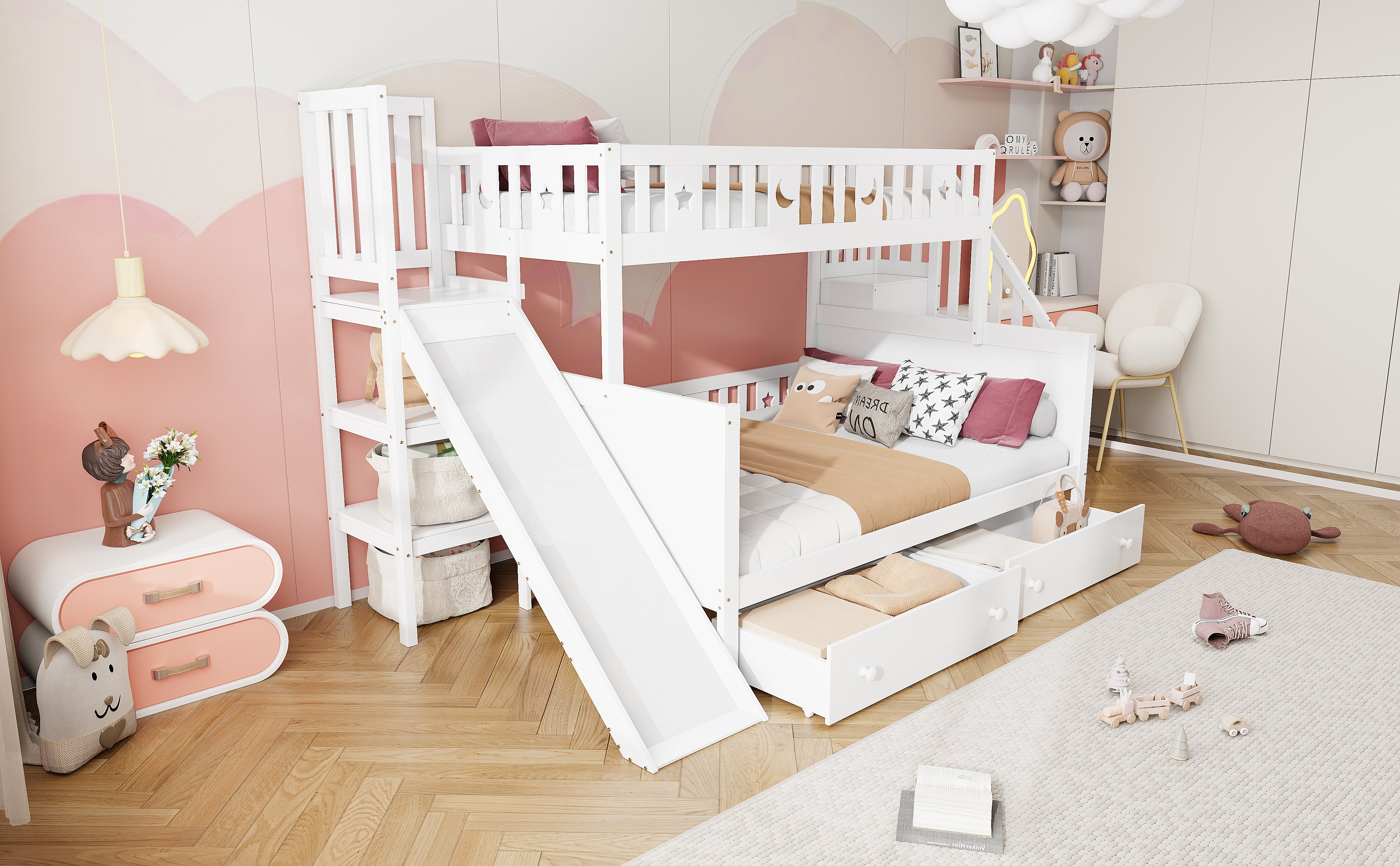 Children's Bed Bunk with Slide, Shelf, Drawers, White