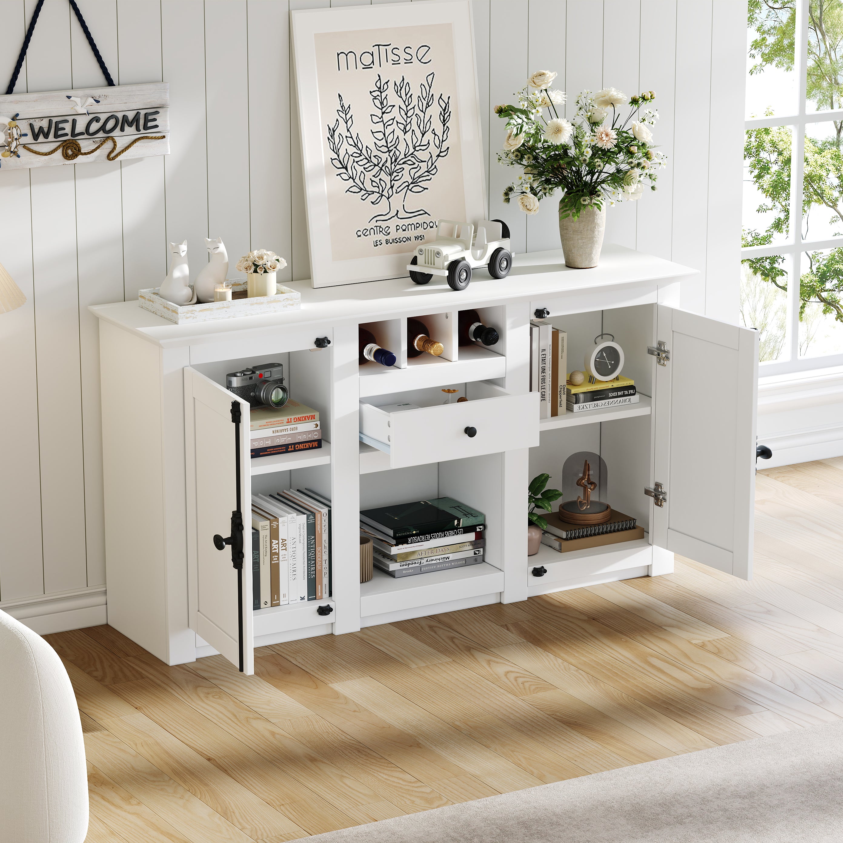 Living Room Cabinet Sideboard, 2 Doors, 1 Drawer, 3 Wine Racks, 130cm, White