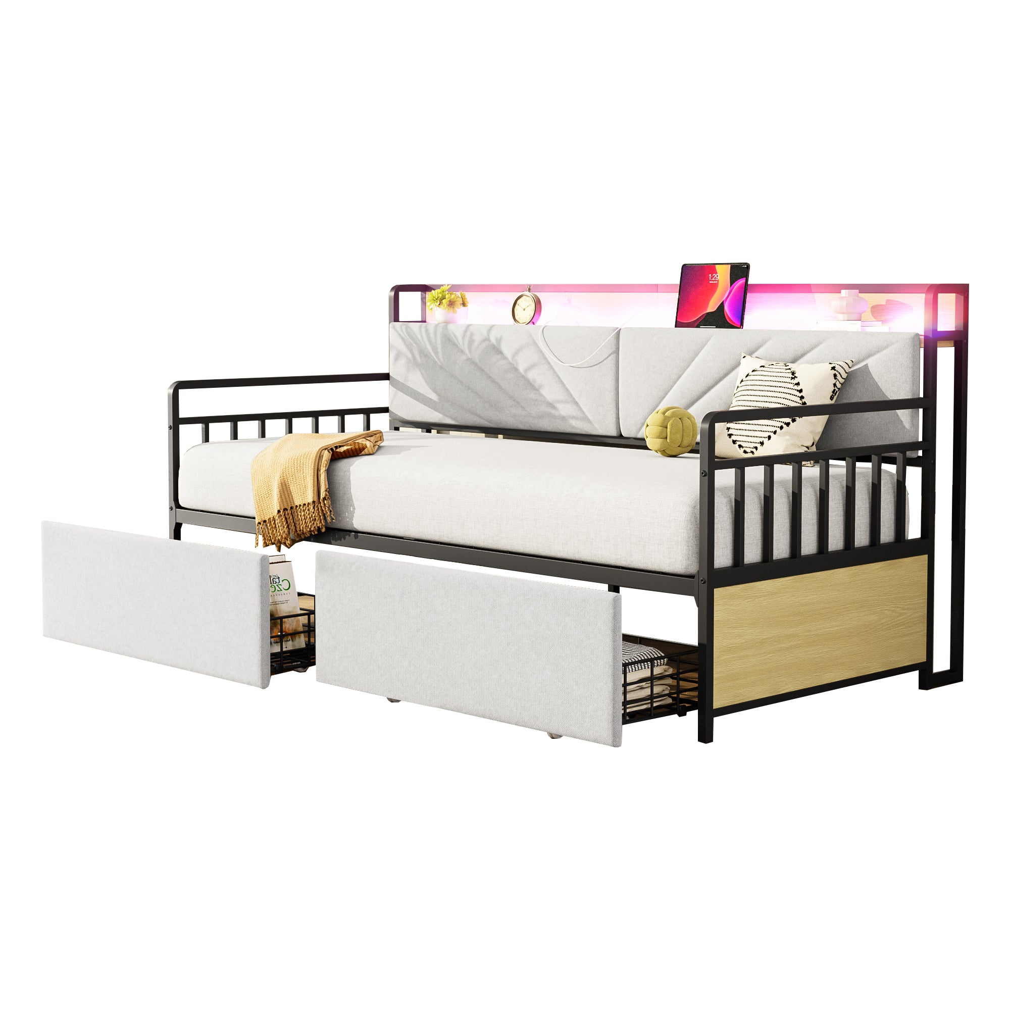 Sofa Bed, 90x200 cm LED, Shelves & Drawers, Beige Iron