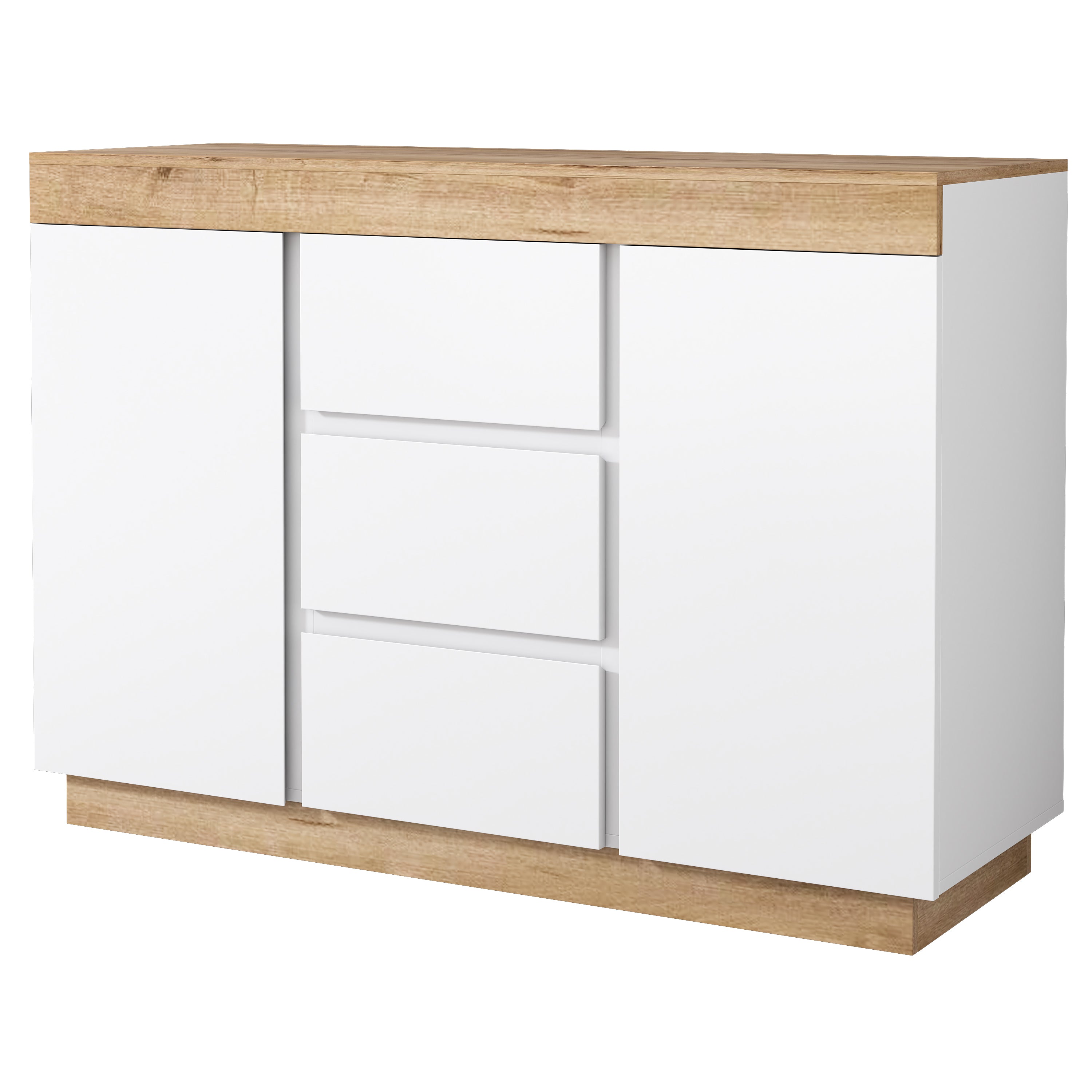 Chest of Drawers 3 Drawers 2 Doors Lockable Storage - White/Oak Chipboard
