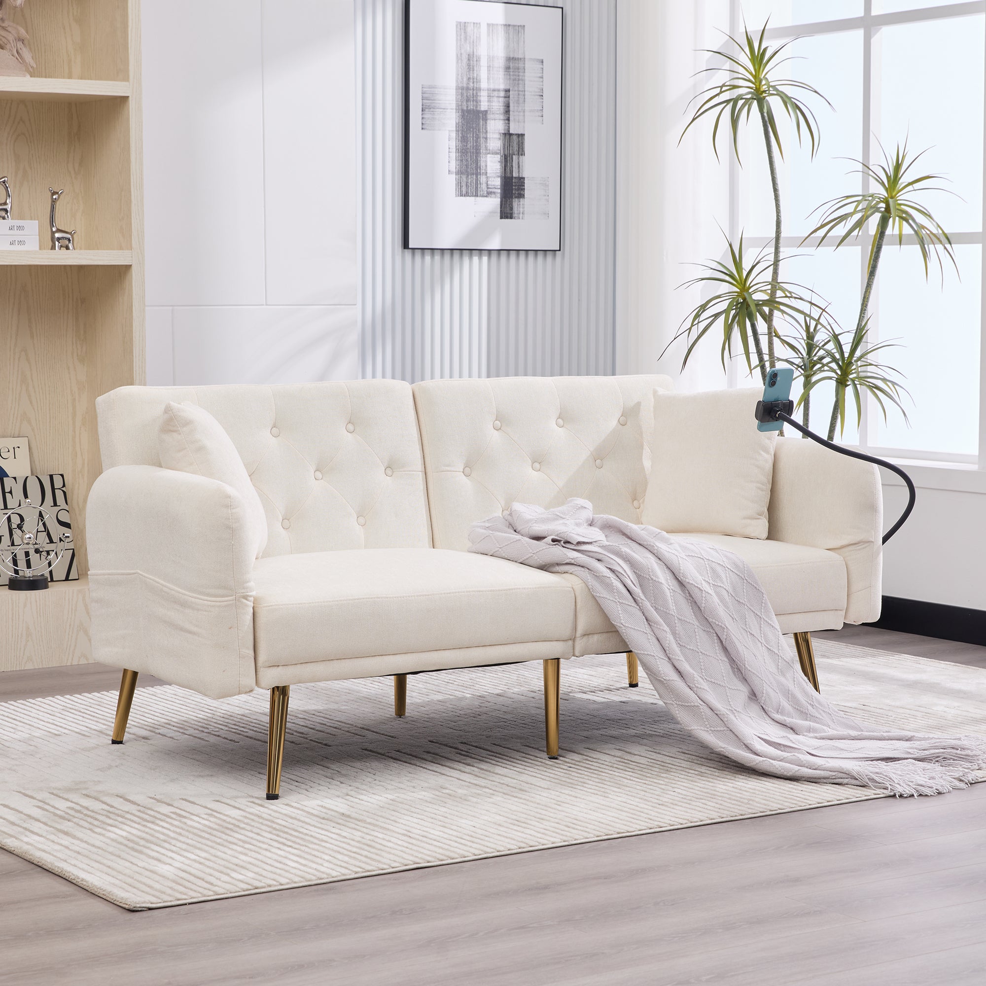 Sofa Bed, Multifunctional Adjustable Backrest USB Ports Phone Holder Metal Legs, Metal