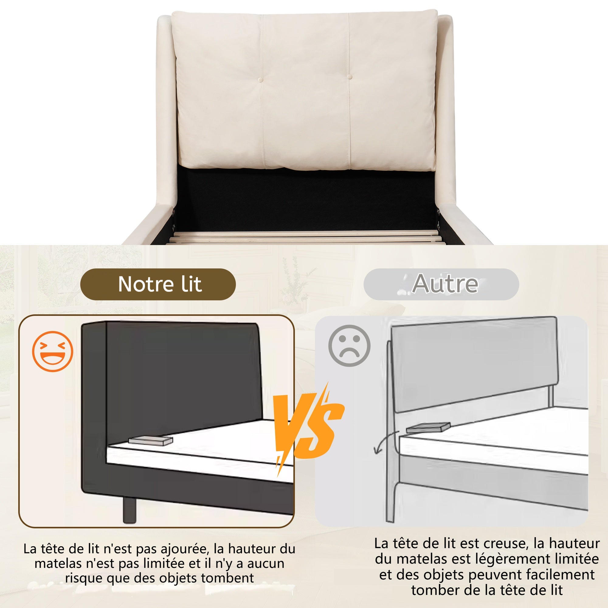 Upholstered Single Bed 90 x 200cm with Slatted Base and Solid Wood Legs, Beige Velvet