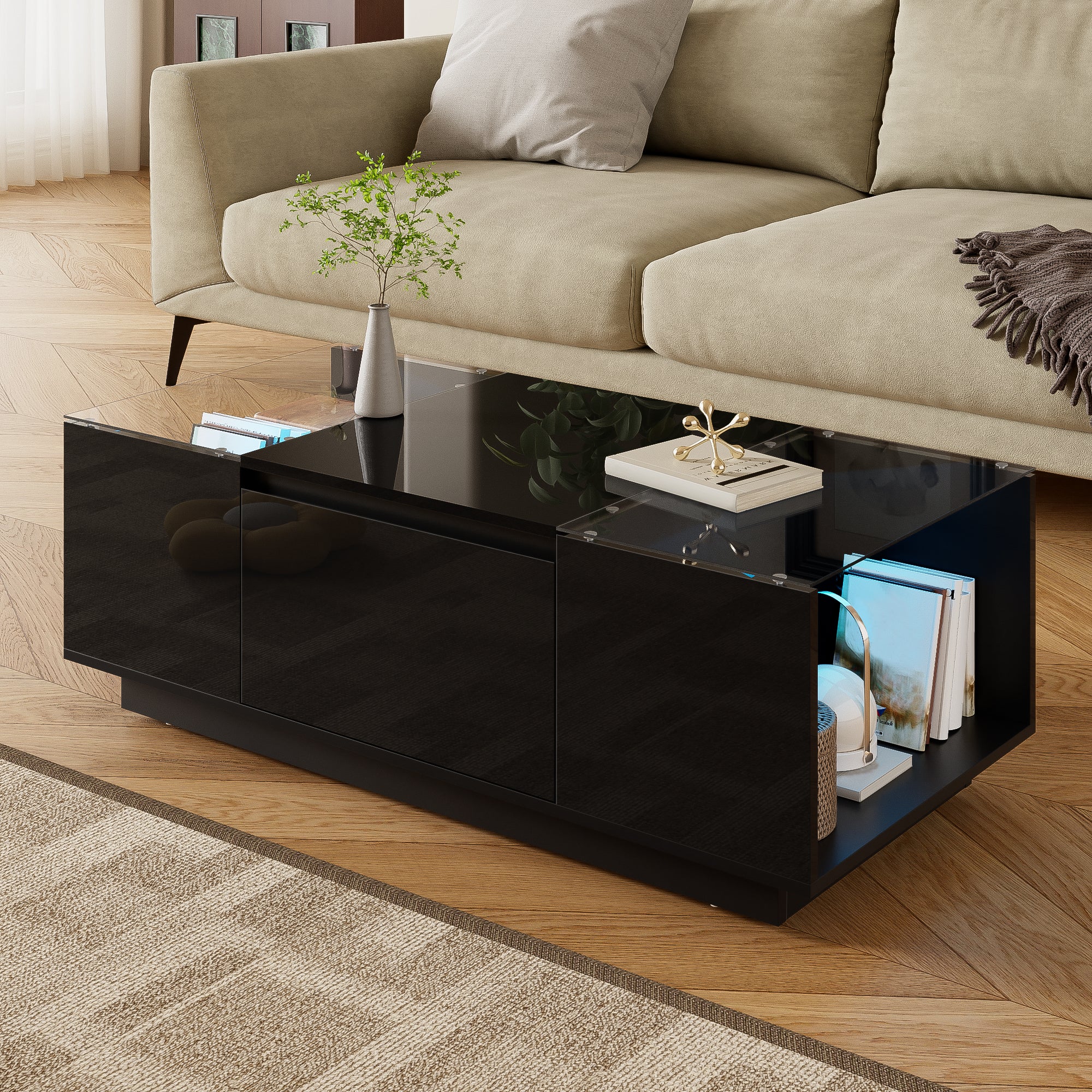 Coffee Table Modern Minimalist 105cm, Storage, LED Lighting, Glass Top, 2 Drawers