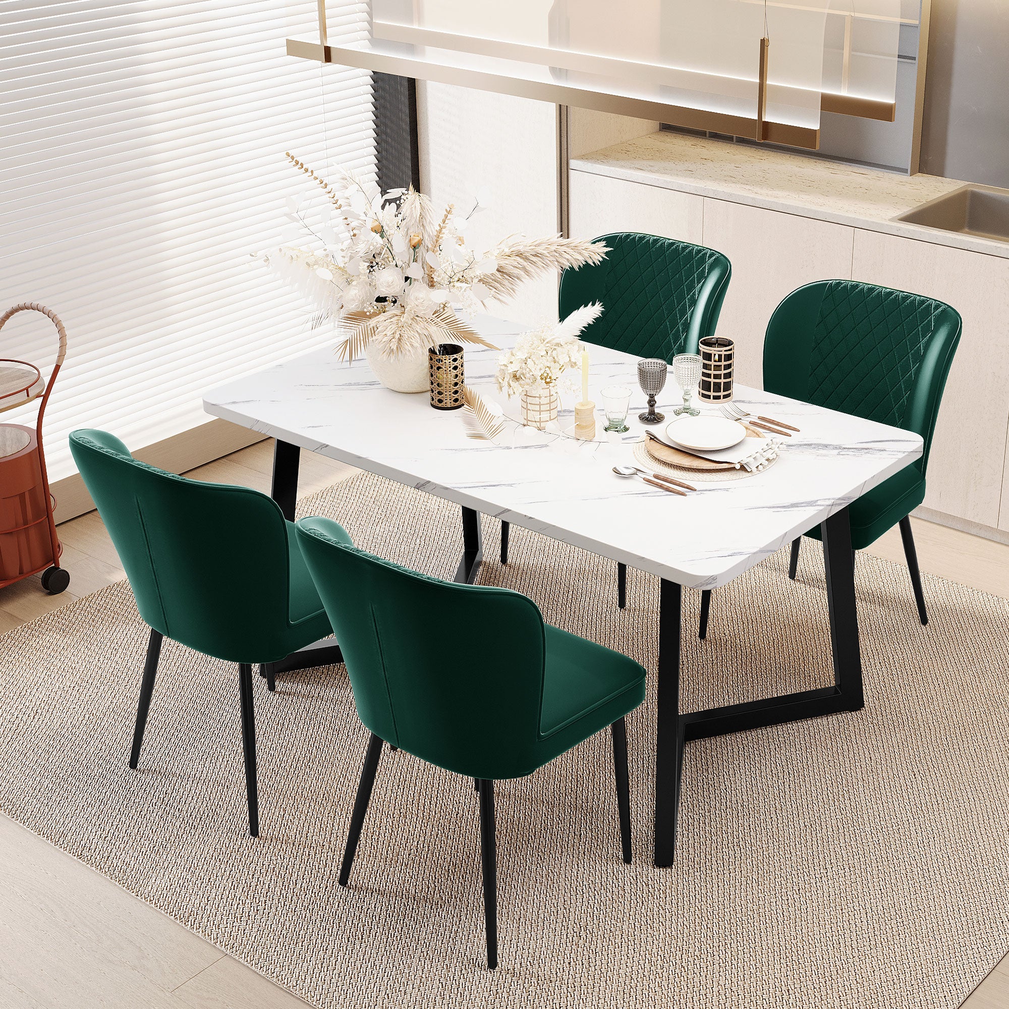 Dining Set with Table (117×68×75cm) & 4 Upholstered Chairs, Dark Green Velvet / White MDF / Black Legs