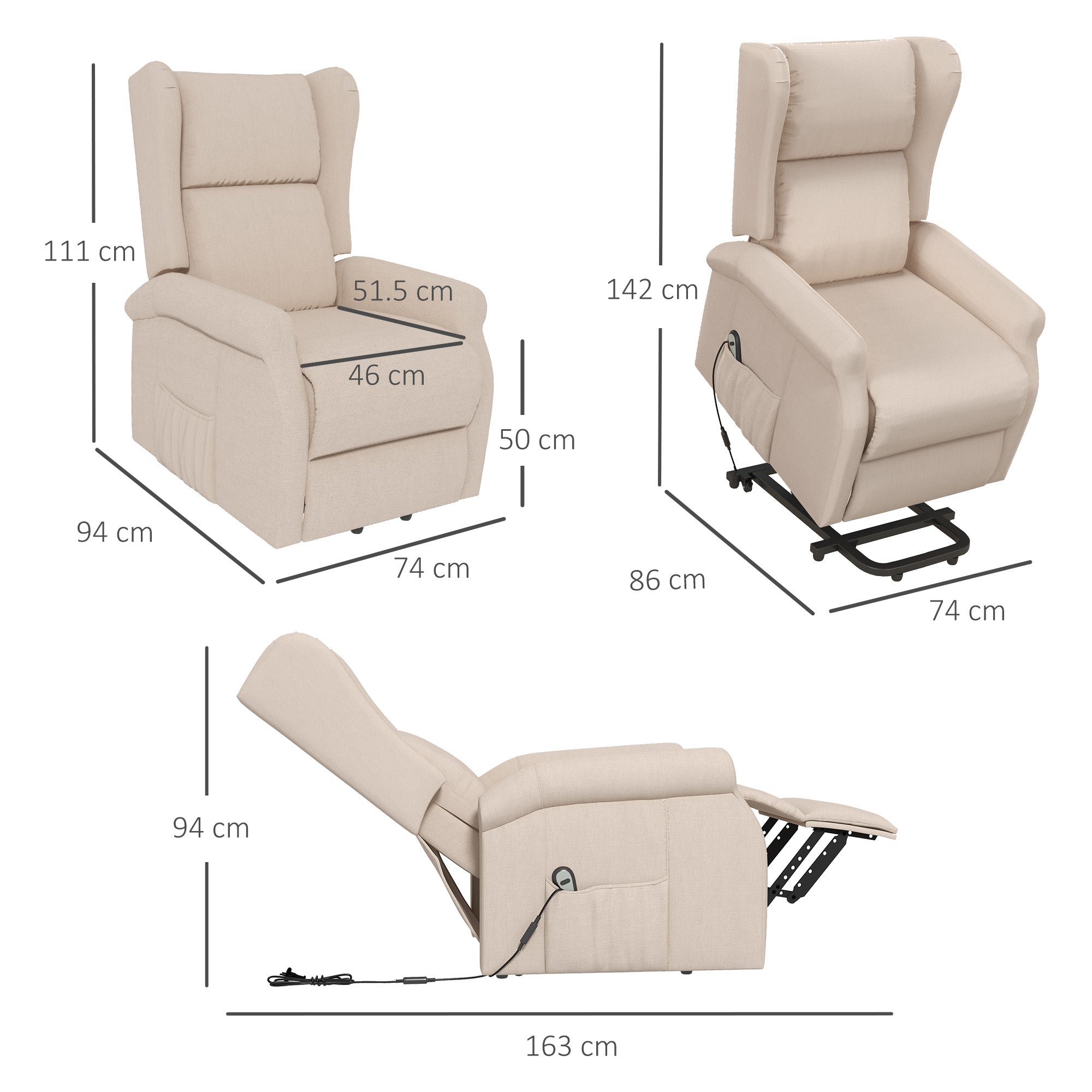 Electric Reclining Chair Lift Assistance up to 200kg, Cream