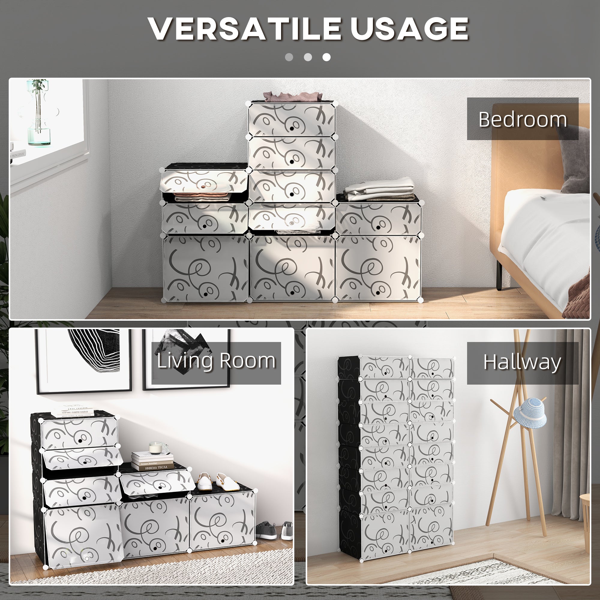 16 Cube Shoe Rack Modular Storage Cabinet 32 Pairs Plastic White and Black