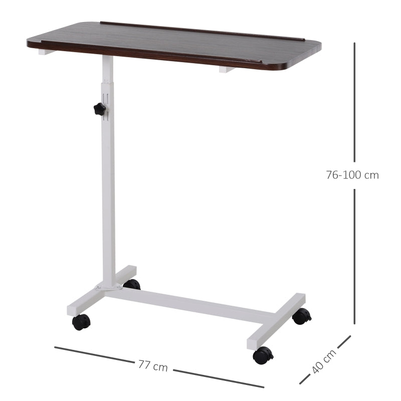Over Bed Table, Height Adjustable C-Shaped with Wheels, Brown
