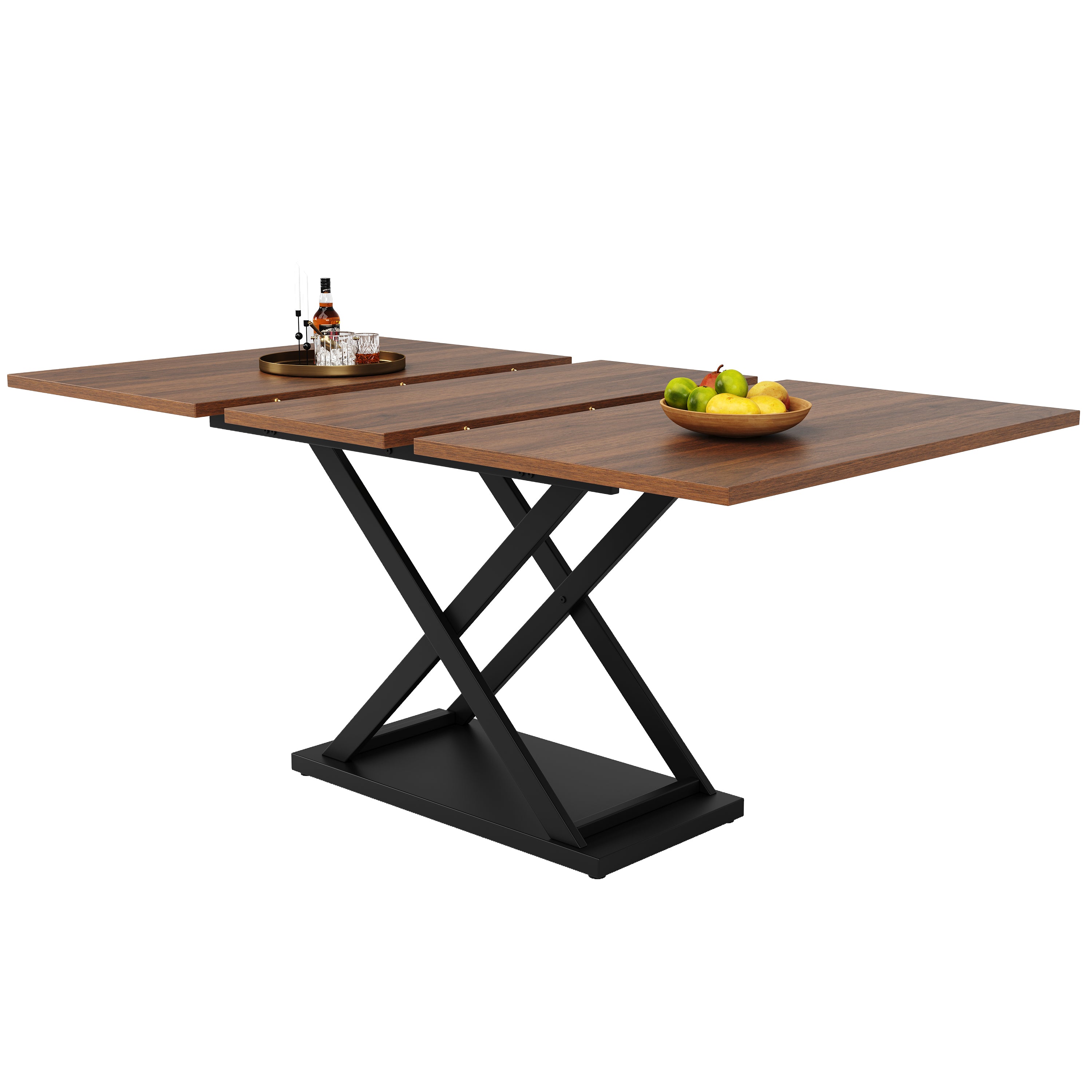 Telescopic Dining Table, Extendable Space-Saving with Crossed Iron Legs, Walnut
