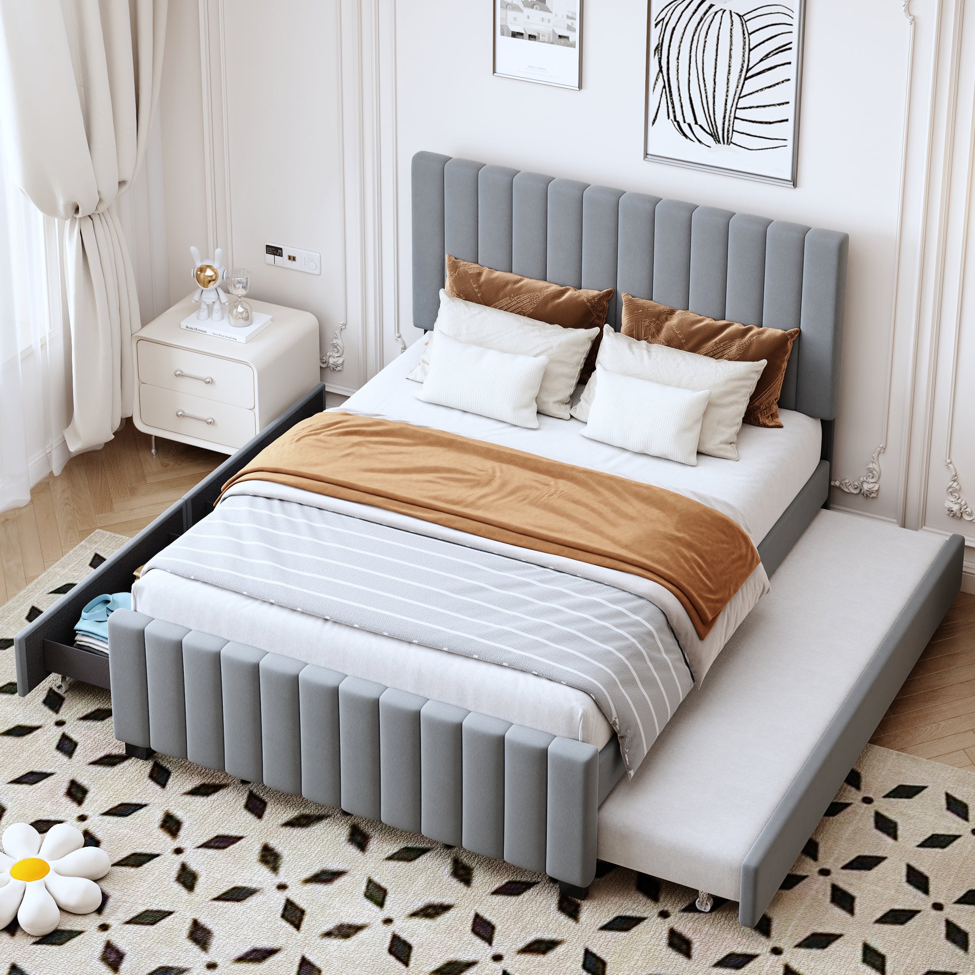 Upholstered Bed 140x190cm, Pull-Out & 2 Drawers, Velvet, Gray