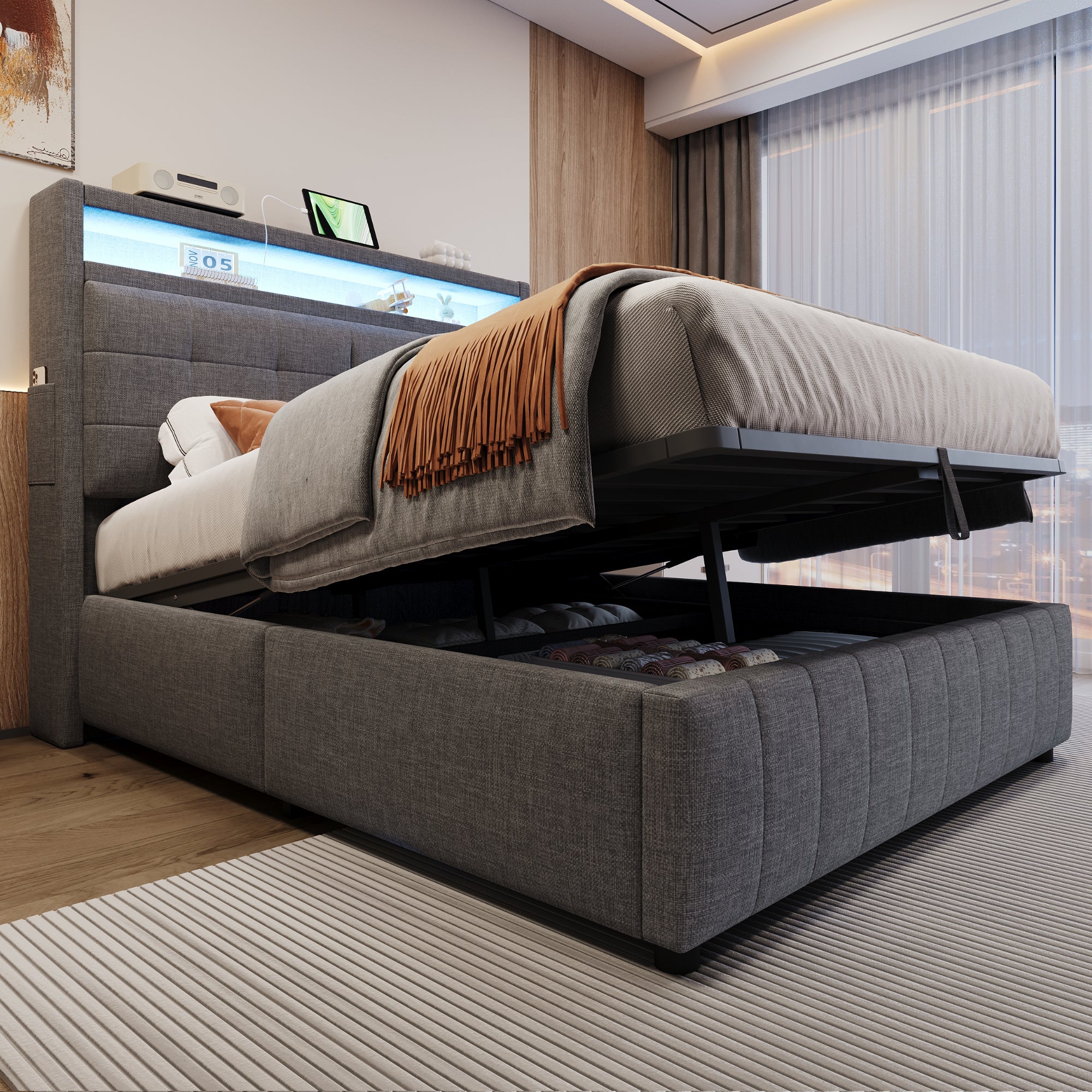 Upholstered Bed 140x200cm, LED & USB, Hydraulic Storage, Linen Fabric Gray