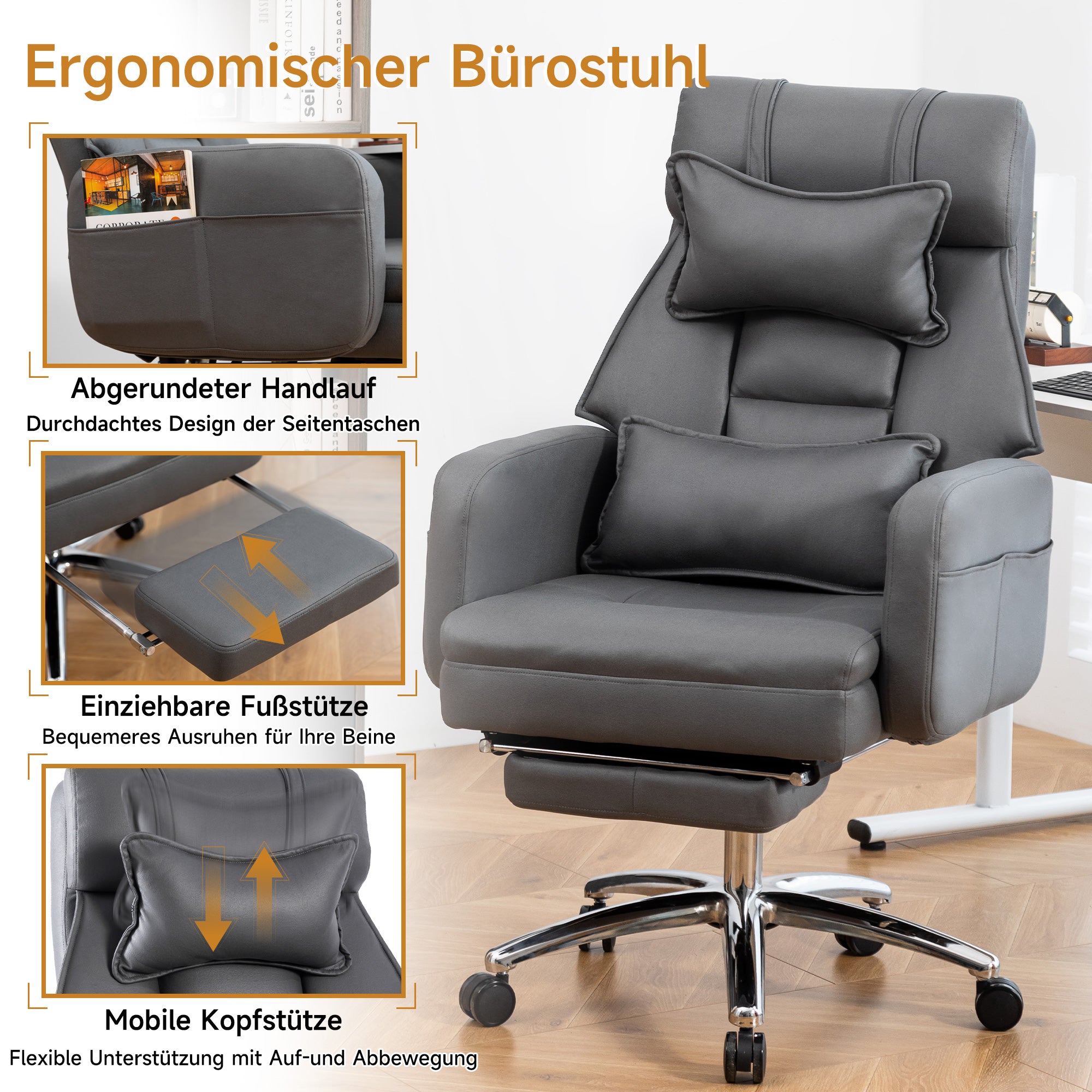 Swivel Ergonomic Office Chair High Back Lumbar Headrest 155° Reclining - DARK GREY Technology Leather