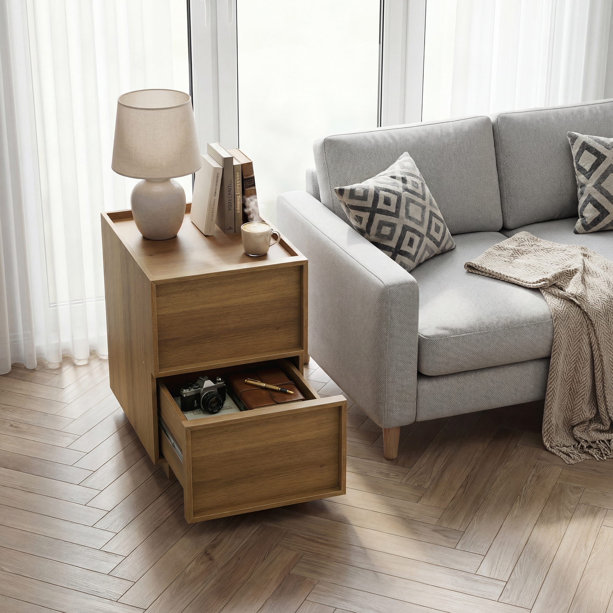 Medieval-Modern Bedside Table with 2 Handleless Drawers and Metal Rails, Oak Look MDF