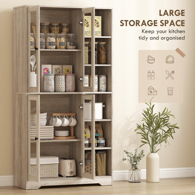 Multi-Storage Kitchen Cabinet with Glass Doors, Grey Wood-Effect