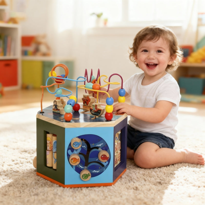 Wooden Activity Cube Bead Maze Pattern Sorter for Toddlers, Multicolor