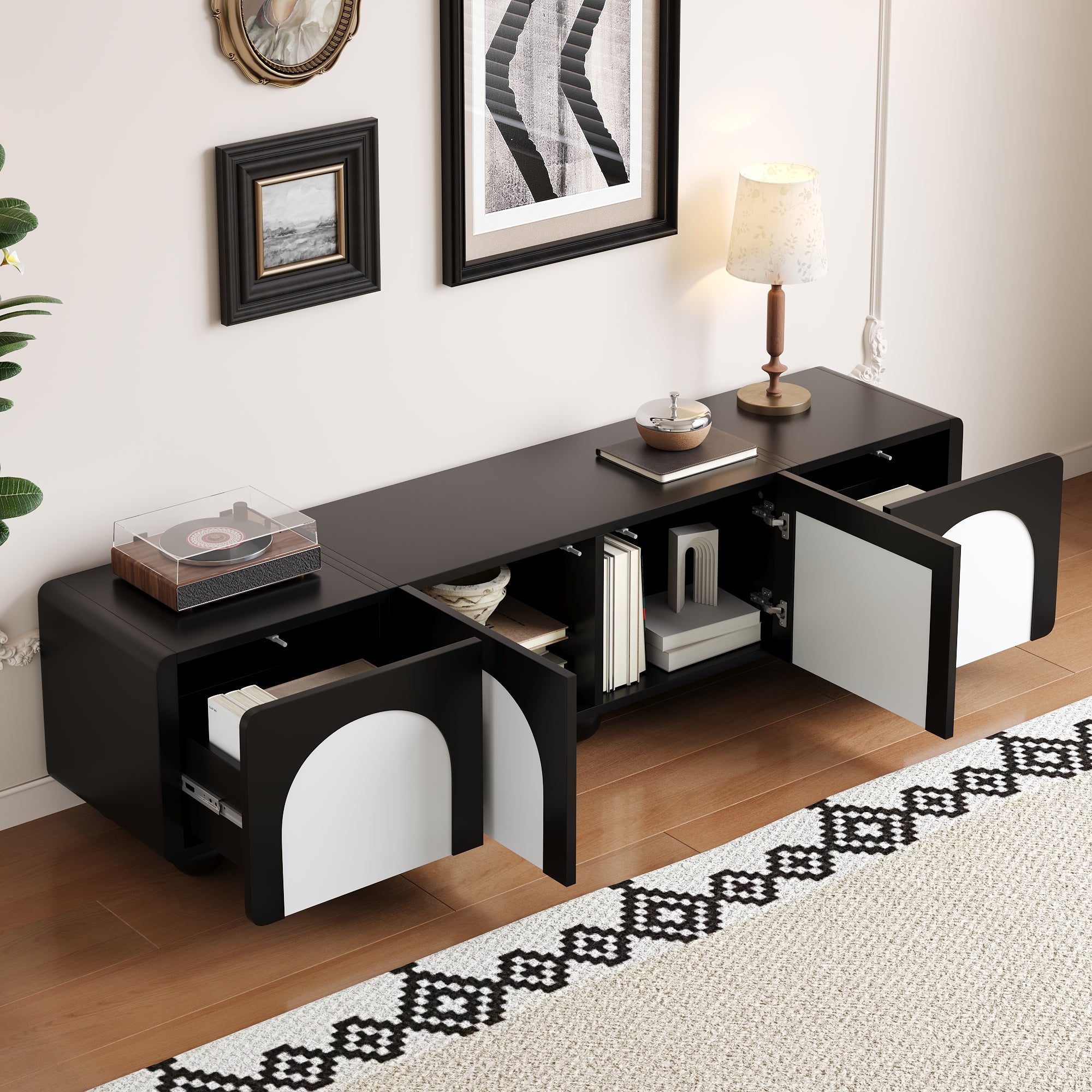 TV Cabinet with 2 Drawers, 2 Doors, Low Profile, Black and White