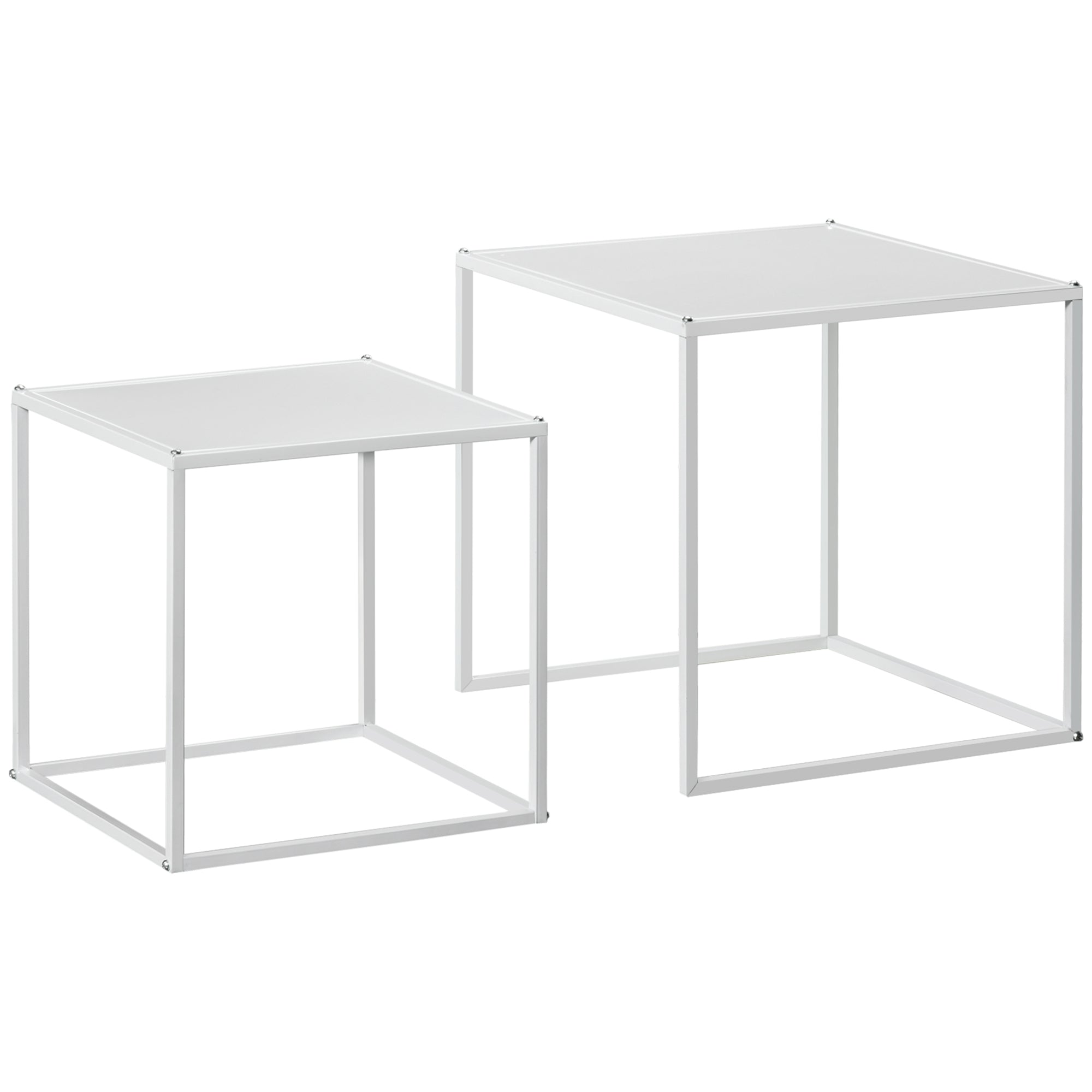 Coffee Tables, Set of 2 Square Side Table with Steel Frame, White