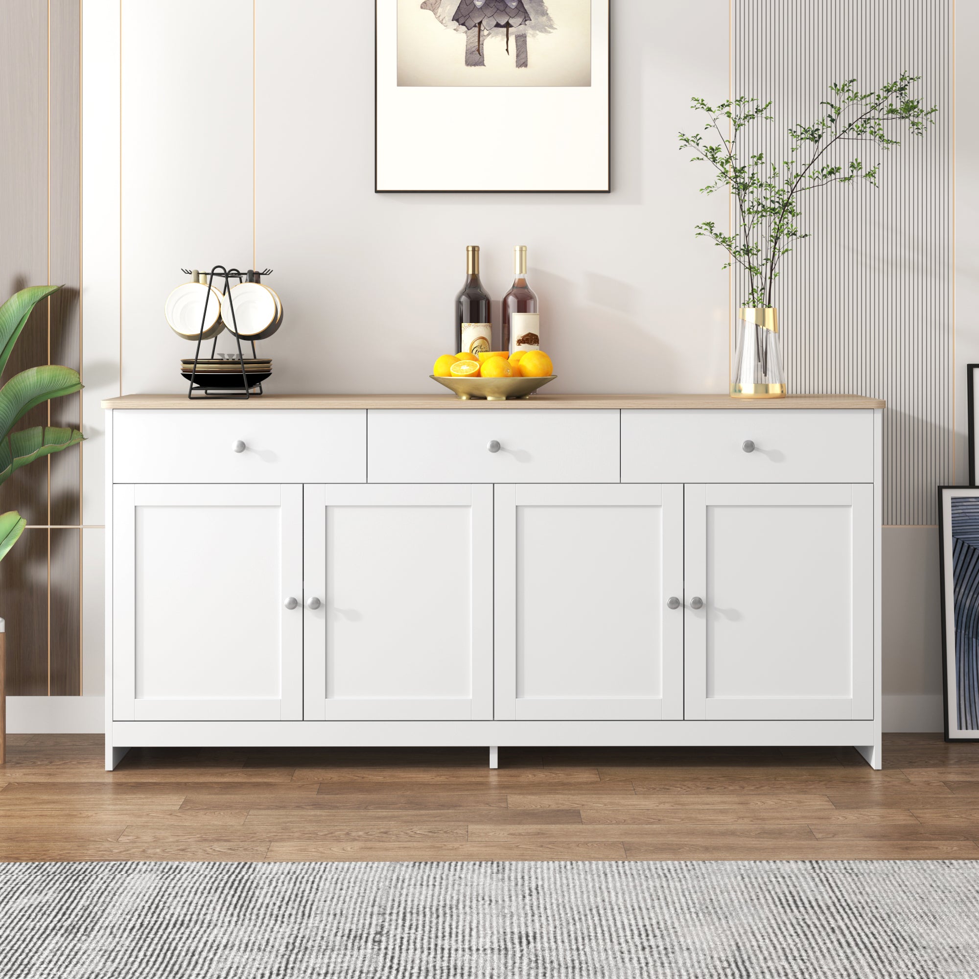 Sideboard Buffet Cabinet with 4 Doors and 3 Drawers, White Wood Grain and Natural Wood Color