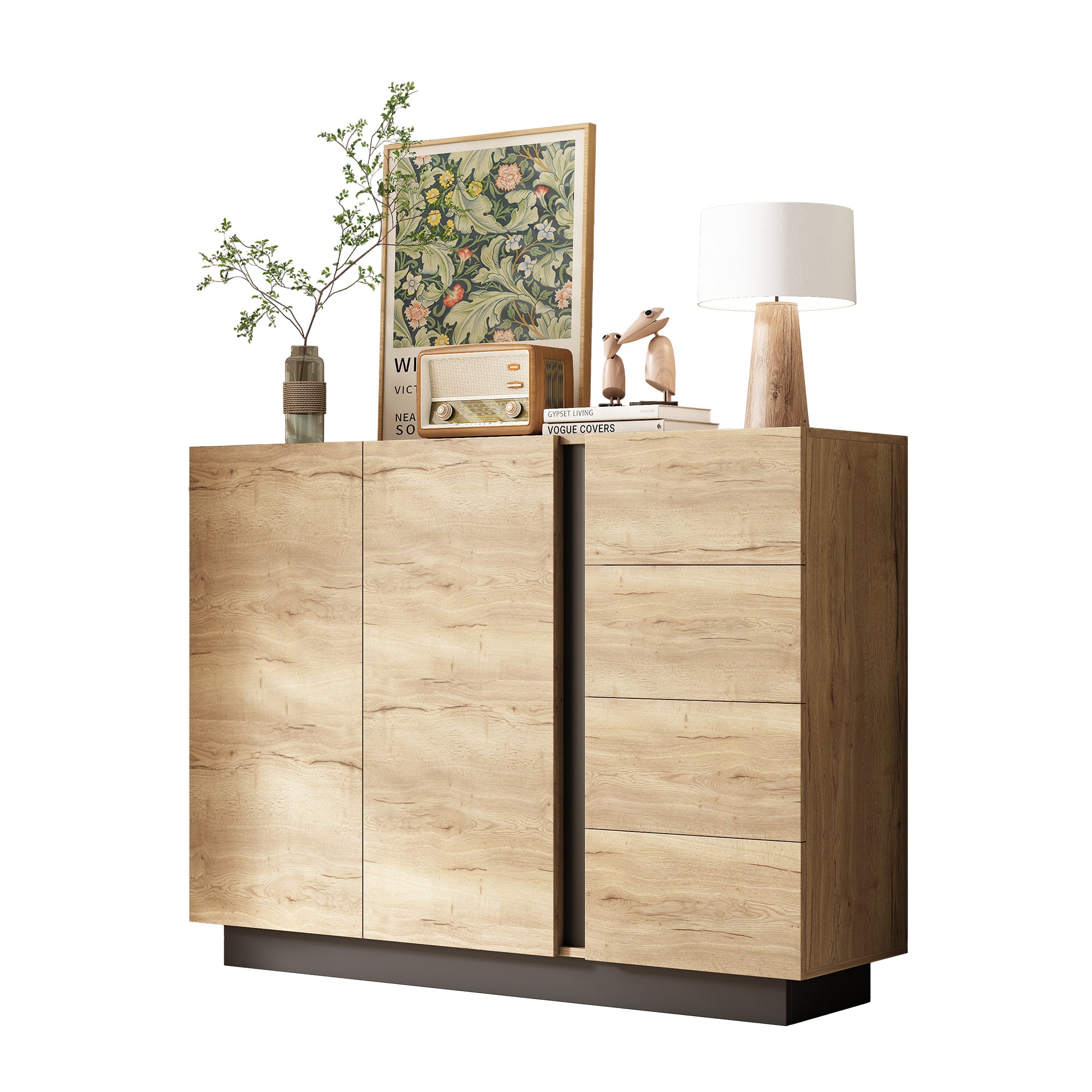 Chest of Drawers Sideboard Storage Cabinet 4 Drawers 2 Doors Black and Natural