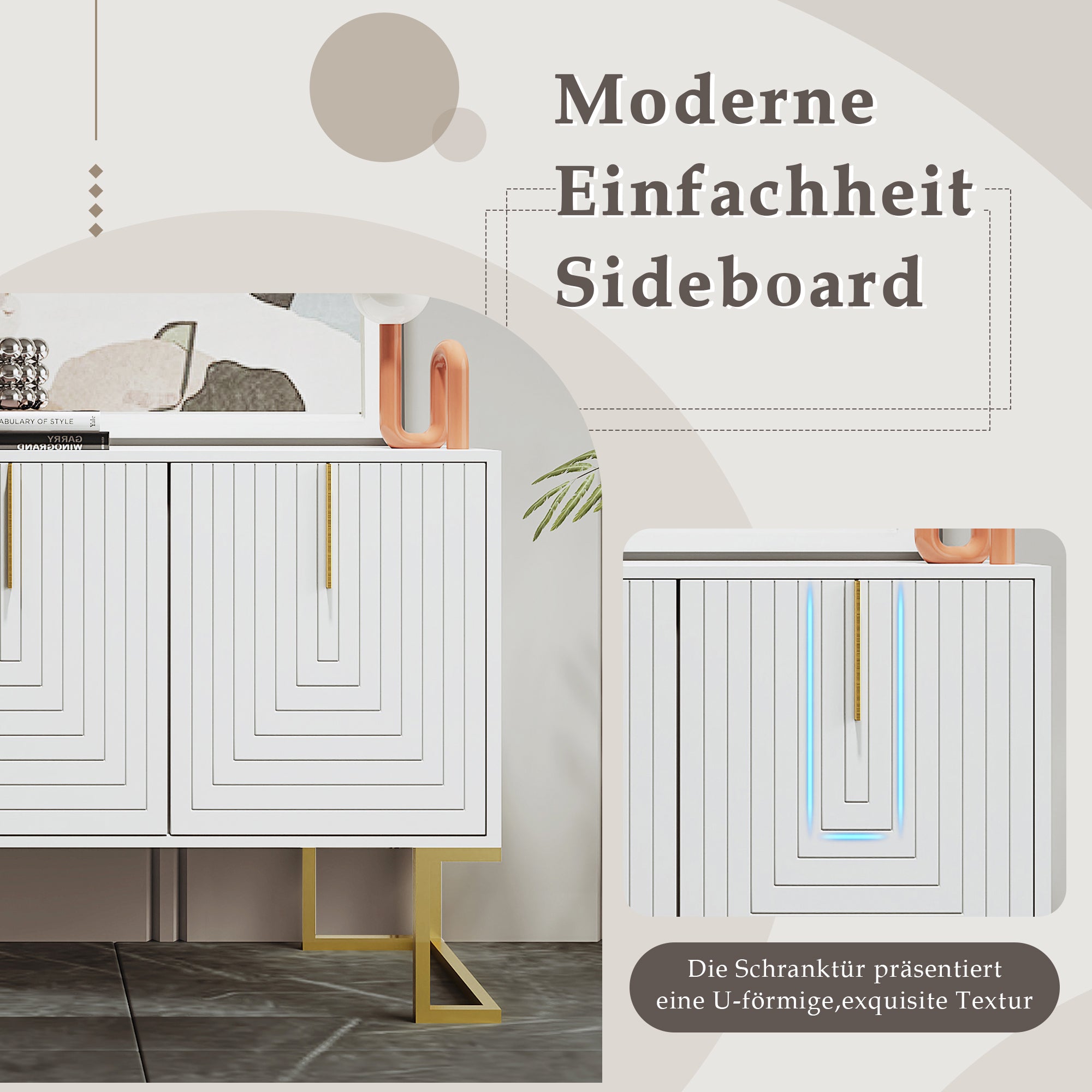 Sideboard, 3-Door with Adjustable Shelves, U-Shaped Cabinet Doors, Metal Handles, White