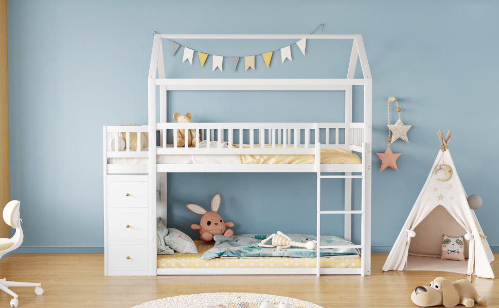 Bunk Bed, House Shape with Storage and Ladder, Solid Wood, White