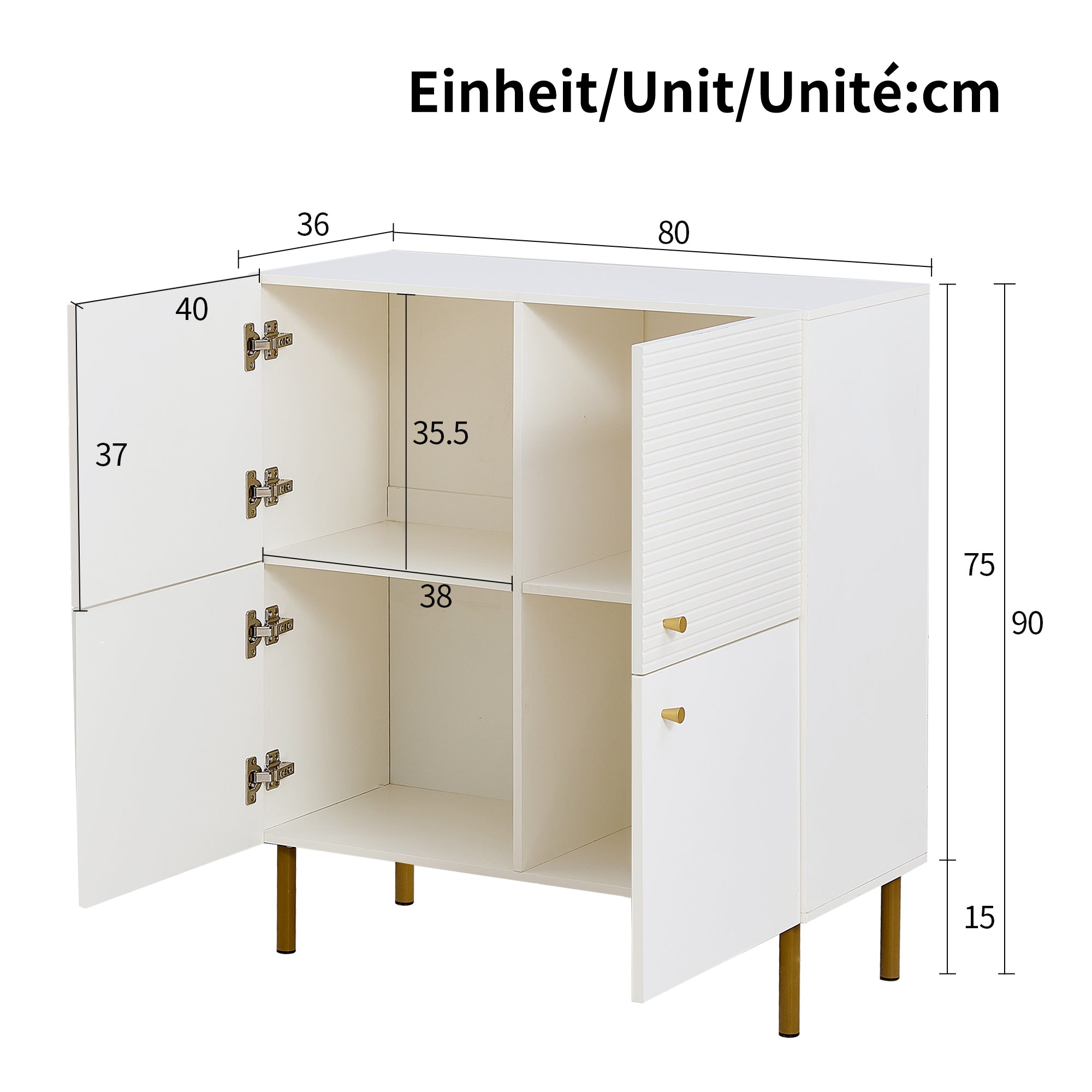 Sideboard, Modern MDF with Zinc Alloy Handles & Steel Legs, White