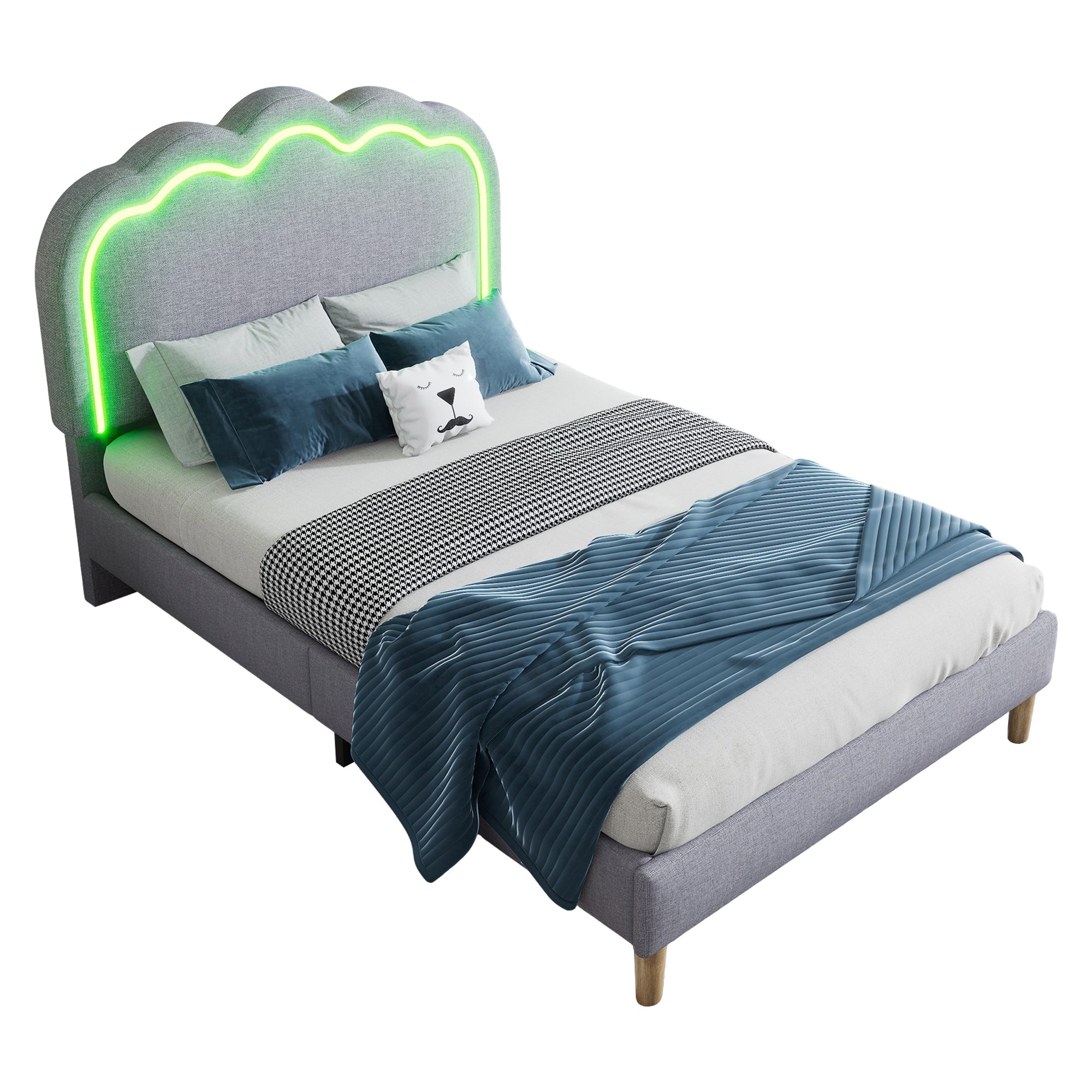 Upholstered Bed: Single Bed with LED & Adjustable Height Headboard, Grey Linen Material