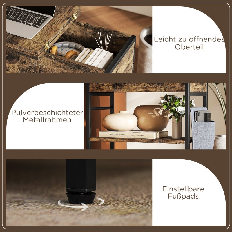 Side Table with Power Strip, 2 Levels, USB Ports, Rustic Brown