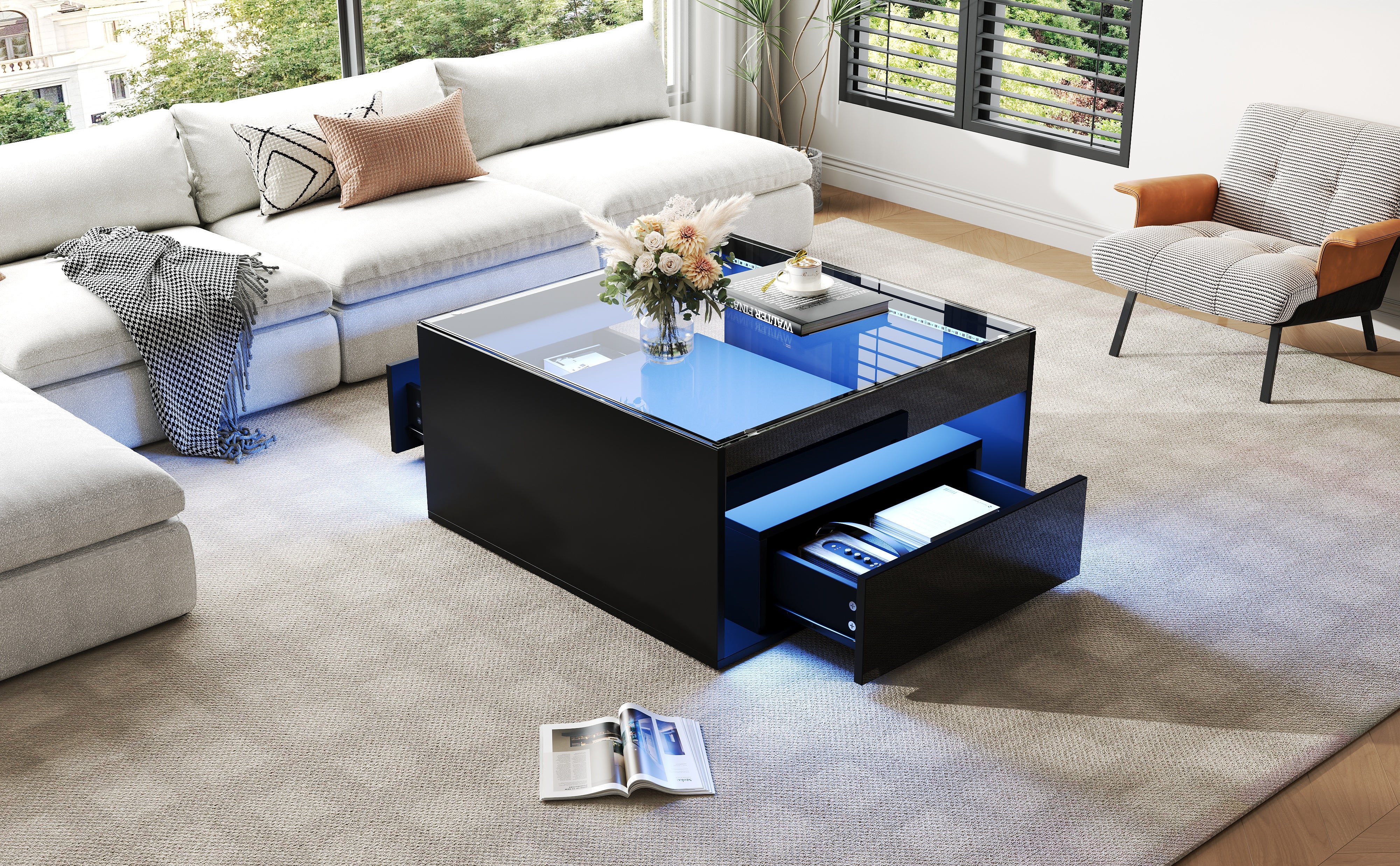 Coffee Table with 2 Drawers and LED Tempered Glass Top, High Gloss Black