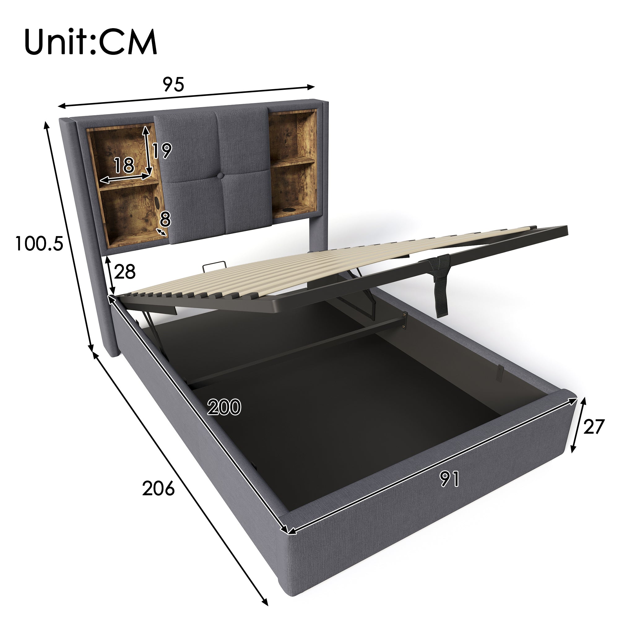 Single Bed, Wireless Charging USB C, 90x200cm with Storage, Wood-Grey Cotton