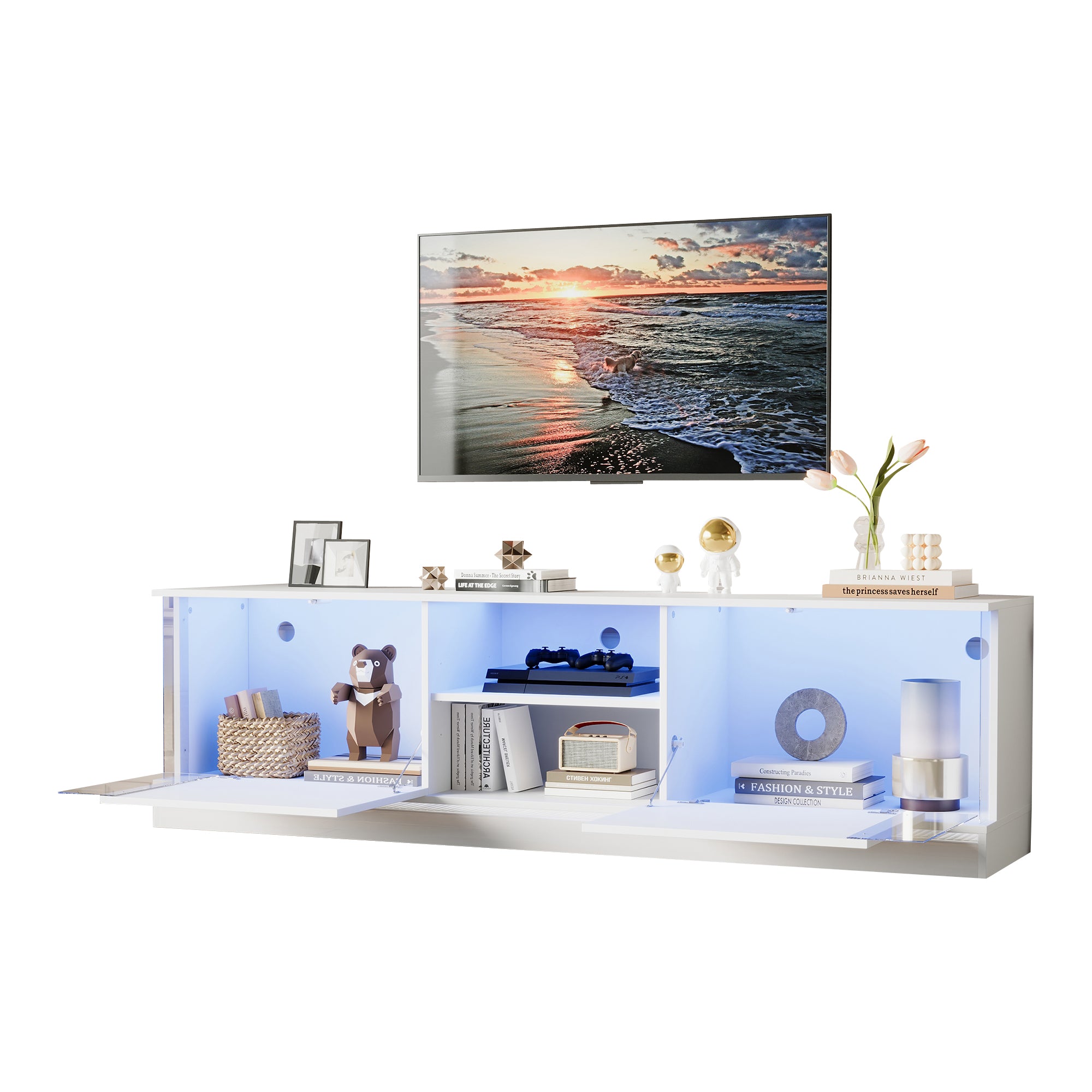 TV Cabinet with LED Storage, Floor-Standing, 70-inch TV Compatible, High-Gloss White