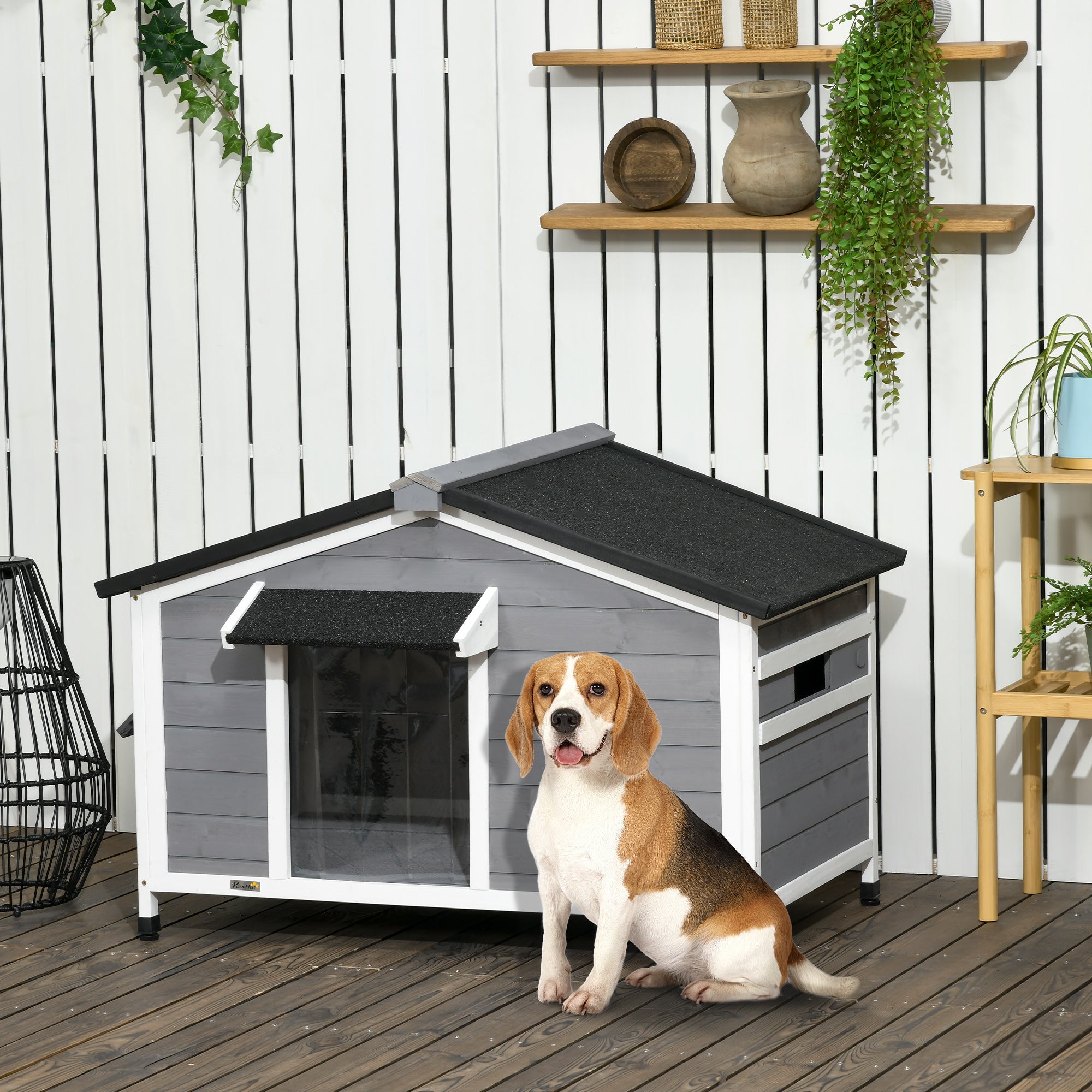 Dog Kennel, Weather-Resistant Fir Wood, Grey