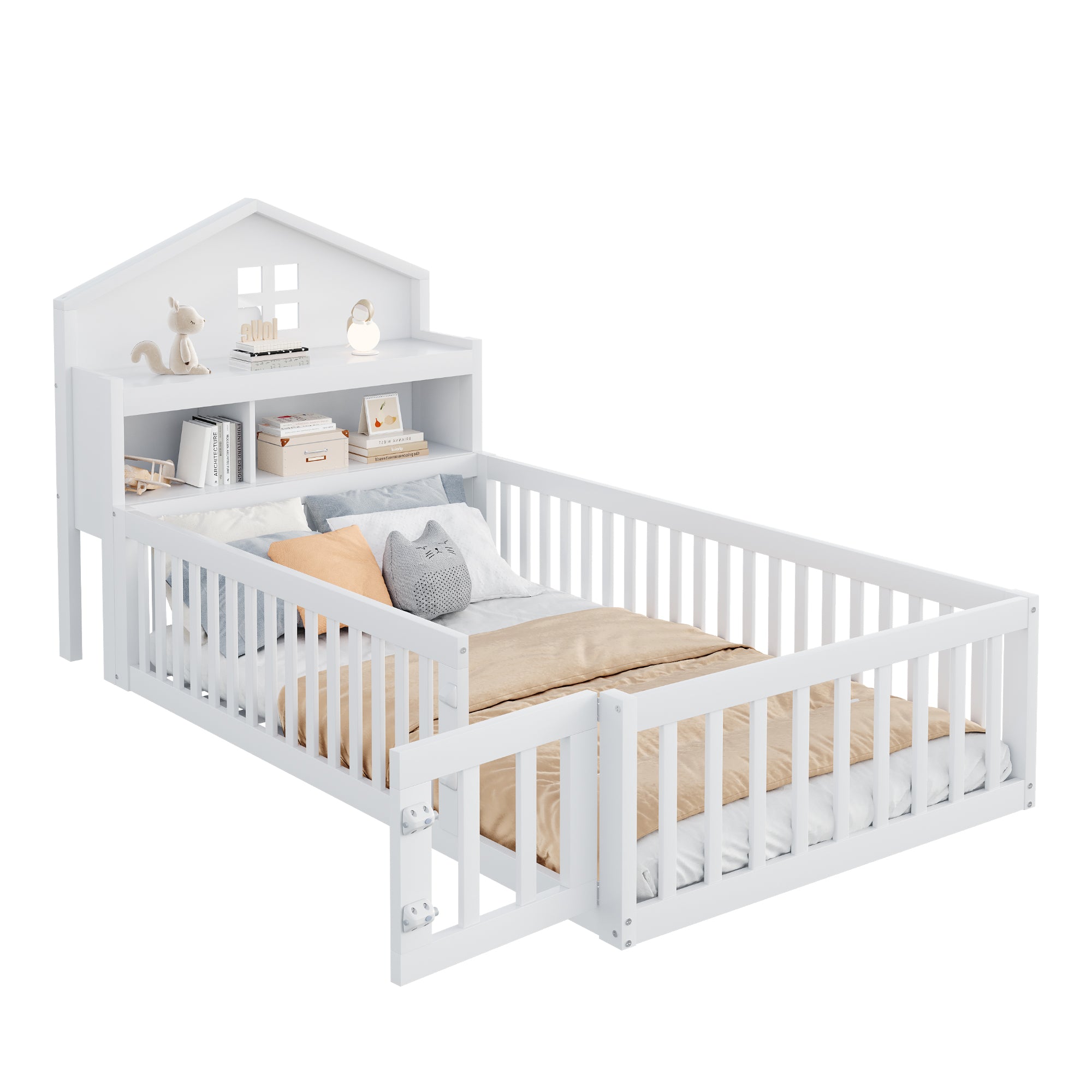 Children's Bed 90x200, Solid Wood Frame with Shelves, Storage, Safety Gate & Door, White